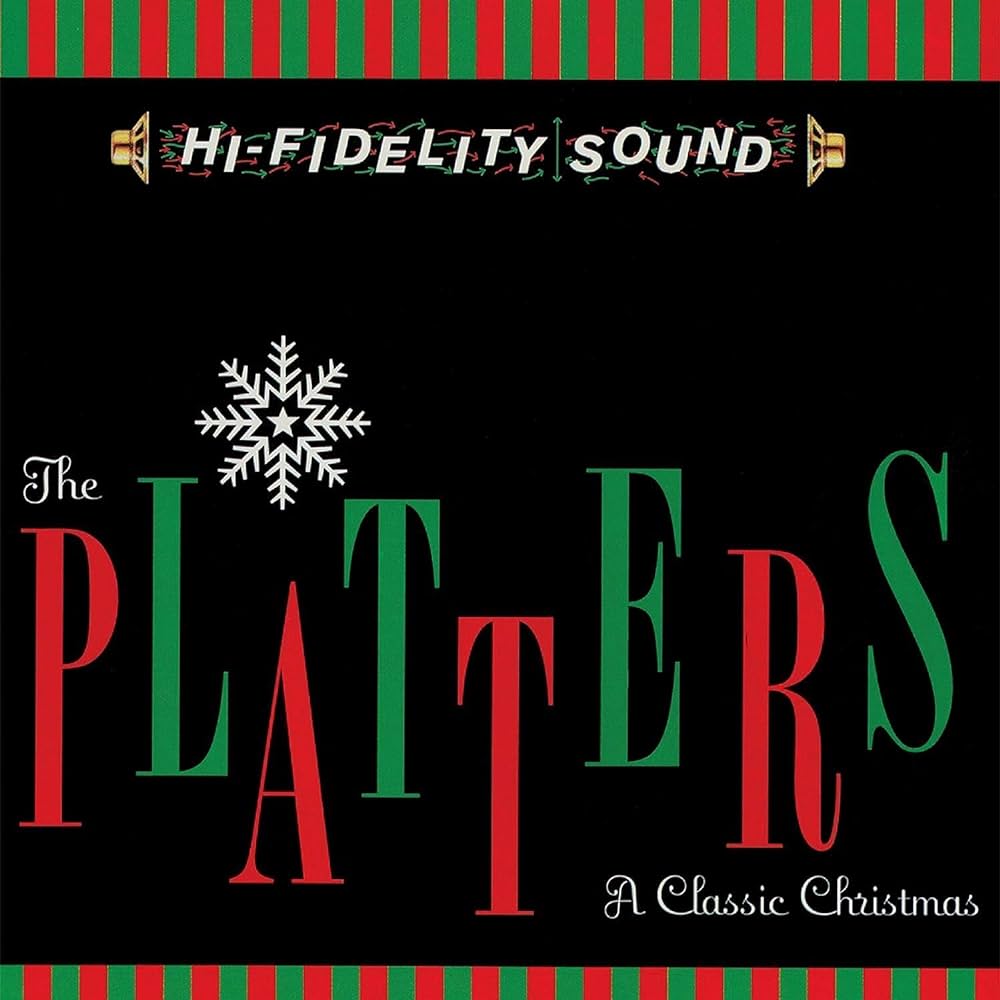 Album cover of "The Platters - A Classic Christmas" by Tandem Coffee Roasters. The background is black with a red and green striped border. The title is in large red and green letters with a white snowflake as the "A" in "Platters." "Hi-Fidelity Sound" appears at the top. Limited edition red vinyl showcases timeless Christmas songs.