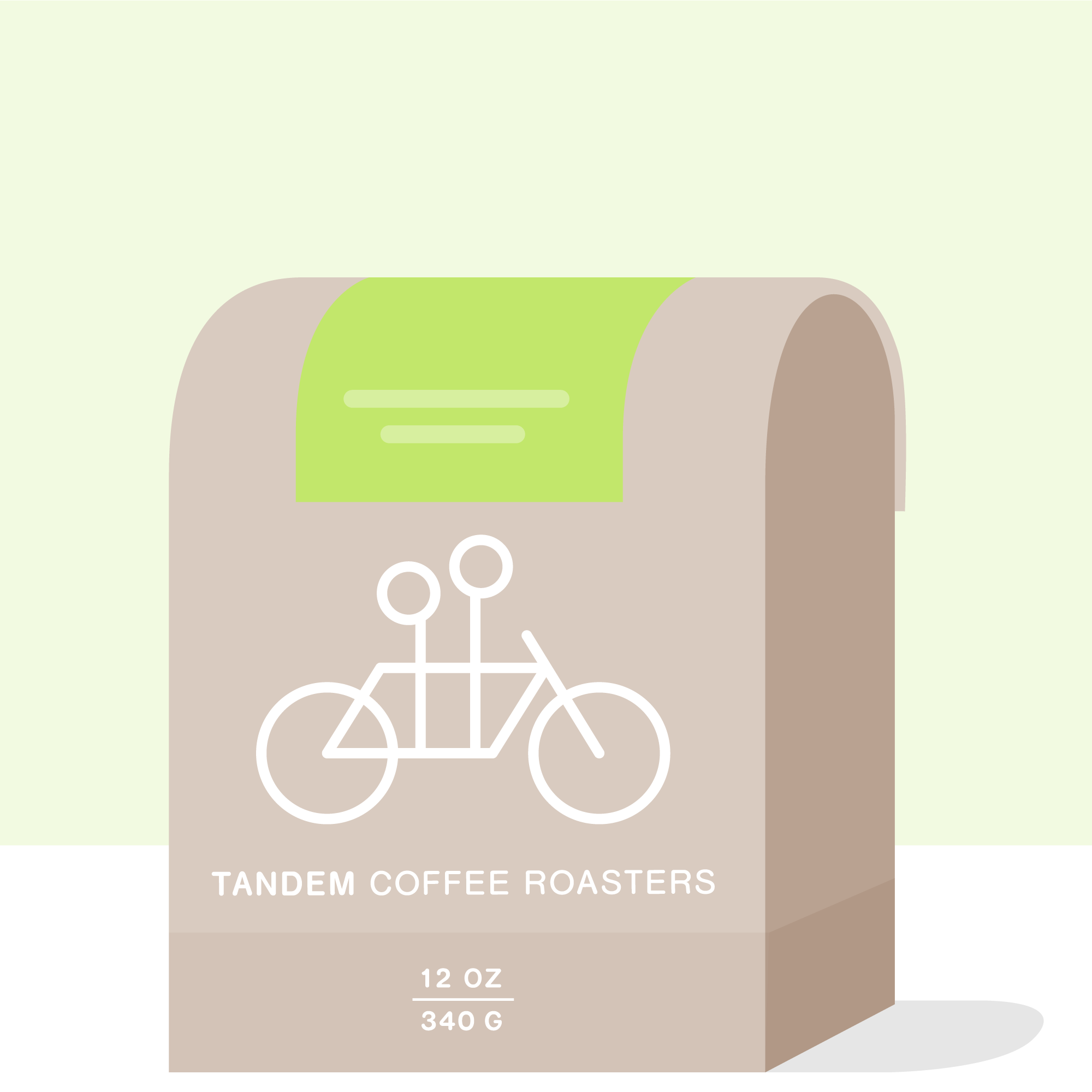 Illustration of a beige coffee bag labeled "Tandem Coffee Roasters" with a tandem bicycle icon. Set against a light green background, it proudly displays "12 oz" and "340 g," hinting at its premium Peru Gesha beans, reminiscent of Cup of Excellence quality.