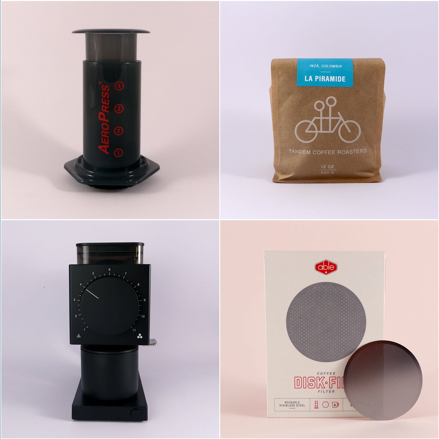 Collage of four coffee-related products: top-left shows a Tandem Coffee Roasters AeroPress Deluxe Kit brewer, top-right features a bag of freshly roasted La Piramide coffee, bottom-left displays a manual coffee grinder, and bottom