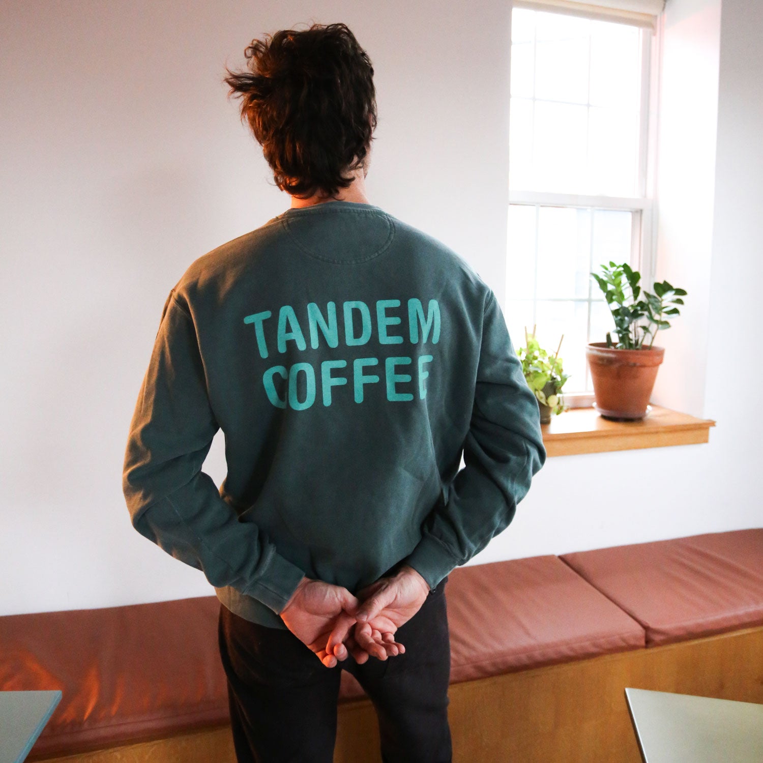 A person stands with their back to the camera, wearing a cozy Blue Spruce Tandem Crewneck by Tandem Coffee Roasters. In the room, a bench and potted plants adorn the windowsill, creating a warm ambiance.