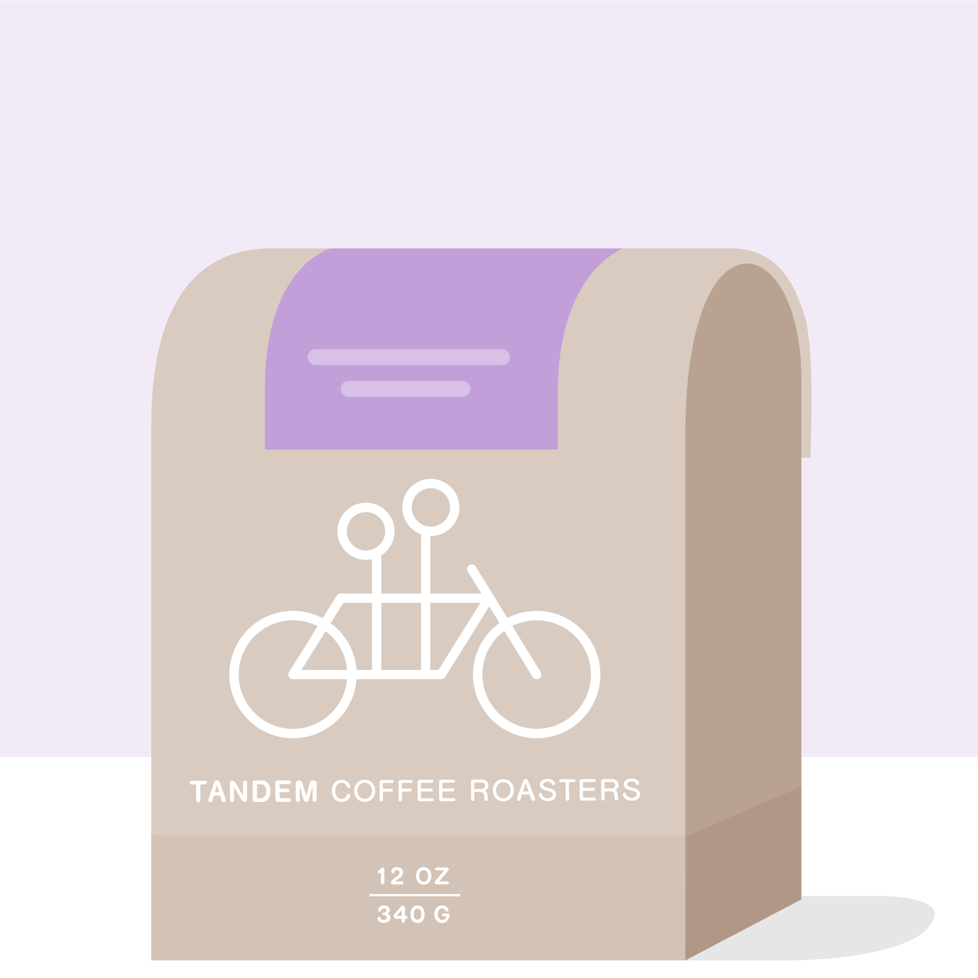 The packaging of Tandem Coffee Roasters' beige "Bookkisa - Washed Ethiopia" coffee bag features a simple white tandem bicycle drawing on the front. Set against a light purple background, it highlights their natural selection with Ture Waji’s exceptional beans.