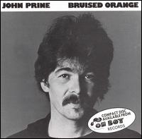 The grayscale album cover for "John Prine - Bruised Orange" shows a headshot of a man with dark hair, a mustache, and a serious expression. The top text reads: "John Prine" and "Bruised Orange." An oval label in the corner mentions Tandem Coffee Roasters as the brand.