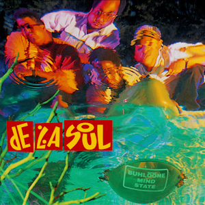 The album cover for "De La Soul - Buhloone Mindstate" by Tandem Coffee Roasters showcases a surreal and colorful illustration featuring three figures rising from the water amidst abstract shapes and reflections. The title "Buhloone Mindstate" is displayed on a balloon-like object floating in the water, alluding to tracks like "Breakadawn.