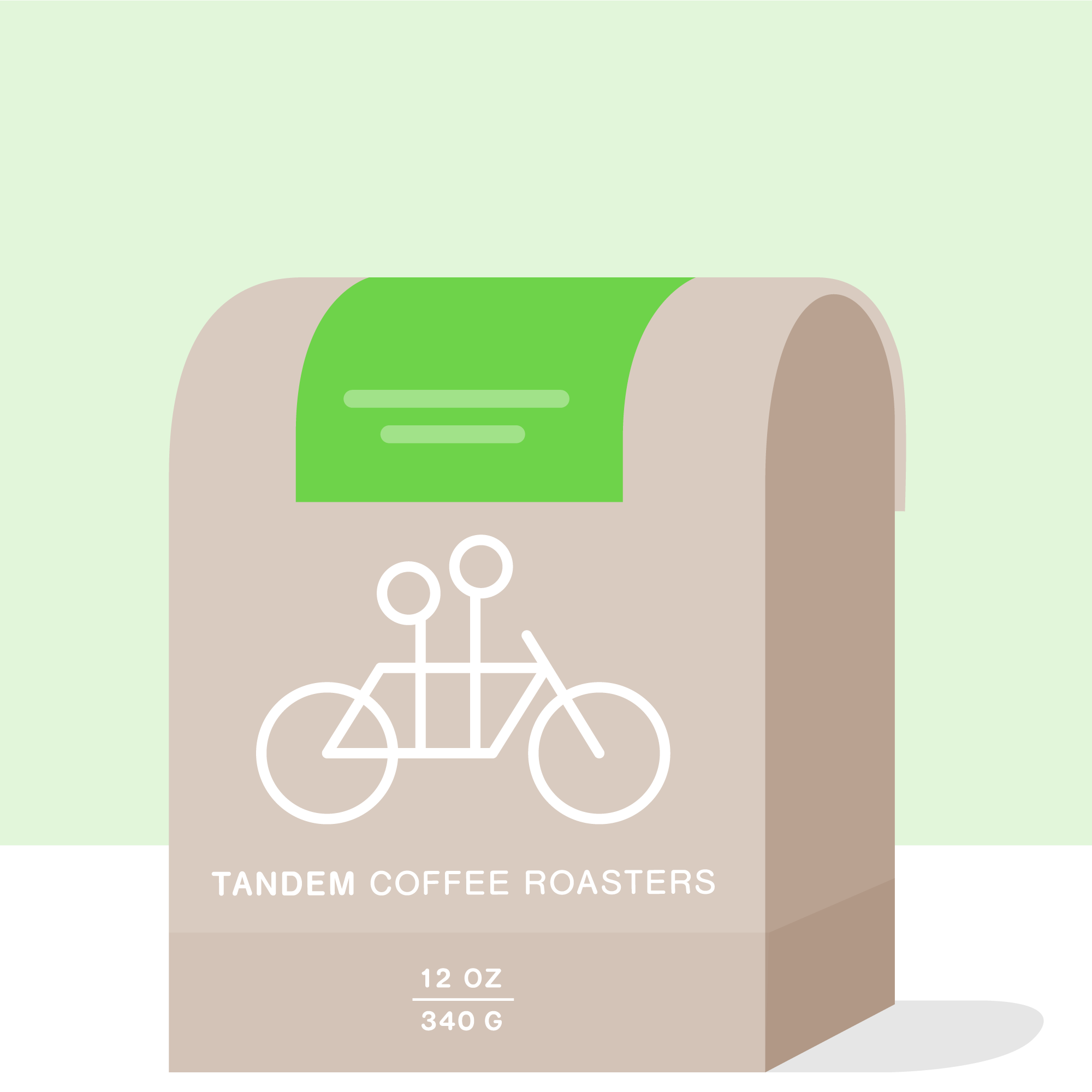 Illustration of a beige coffee bag from Tandem Coffee Roasters. The bag features a simple white tandem bicycle graphic and text that reads "Tandem Coffee Roasters," "Chelchele - Natural Ethiopia," and "12 oz, 340 g" against a green background. This naturally processed Ethiopian coffee offers a delightful hint of blackberry flavor.