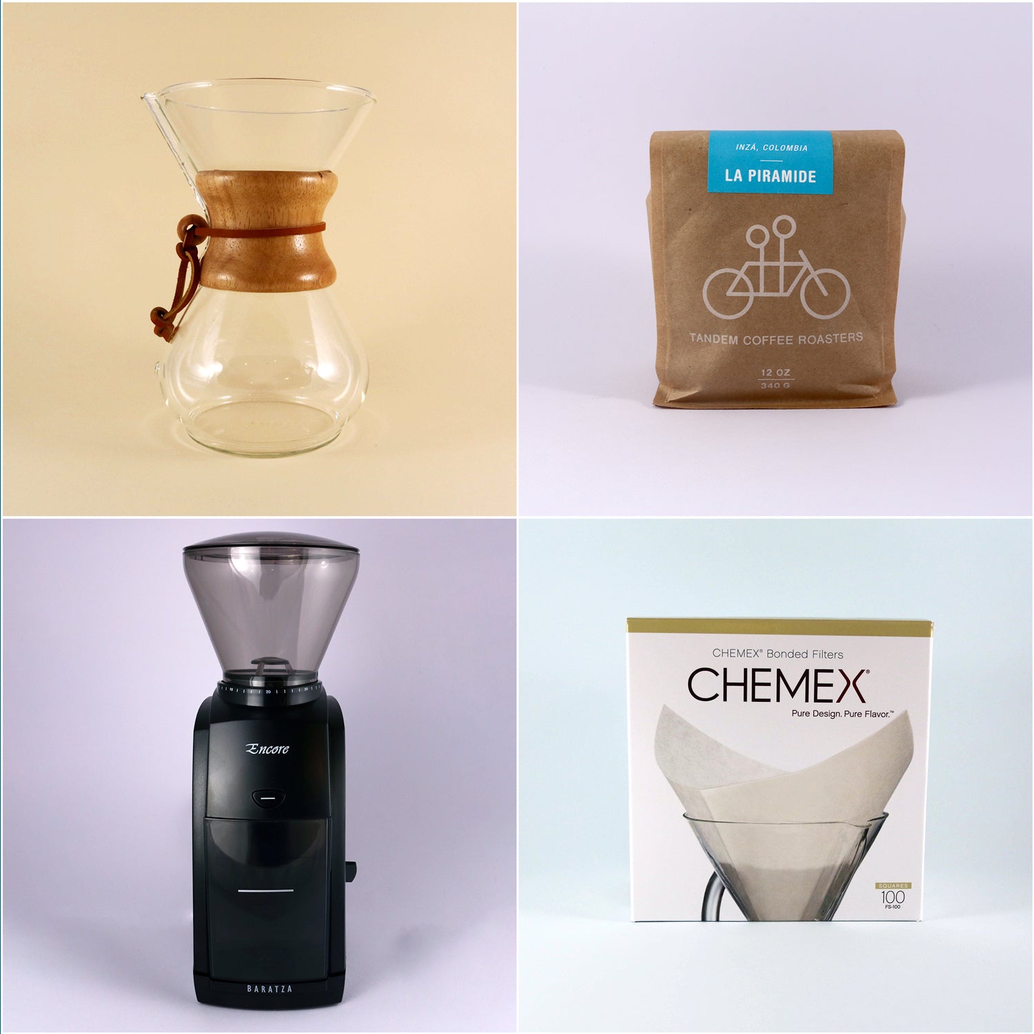 A collage of four images featuring coffee equipment and products: top left, a Chemex Starter Kit; top right, a bag of freshly roasted Tandem Coffee Roasters La Piramide coffee; bottom left, a Baratza