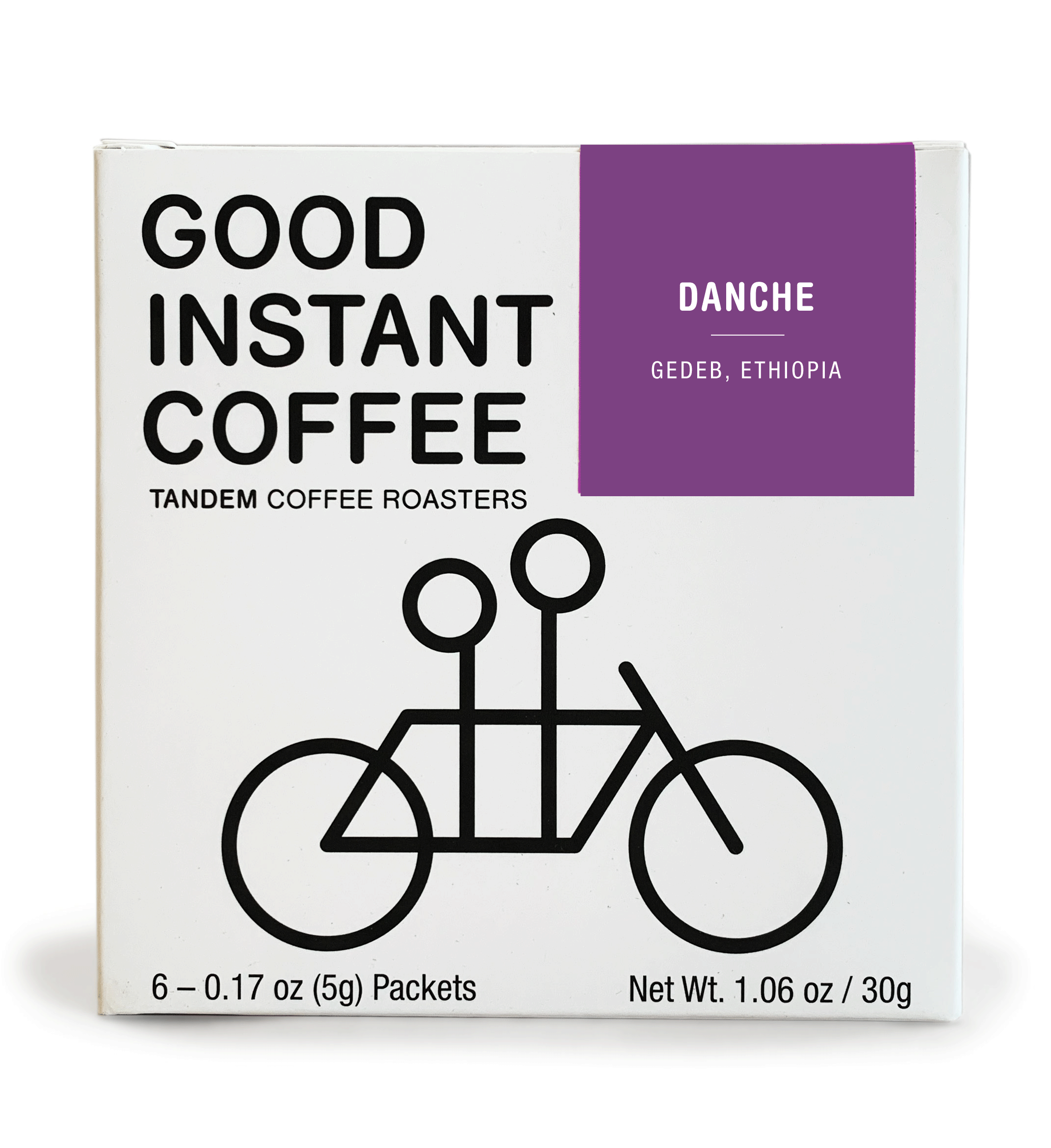 Ethiopia - Instant Coffee - 6 Pack by Tandem Coffee Roasters features the "Danche" blend from Gedeb, Ethiopia. Just add hot water to six 0.17 oz packets for an instant coffee experience. The package displays abstract figures on a tandem bicycle, with a total net weight of 1.06 oz (30g).