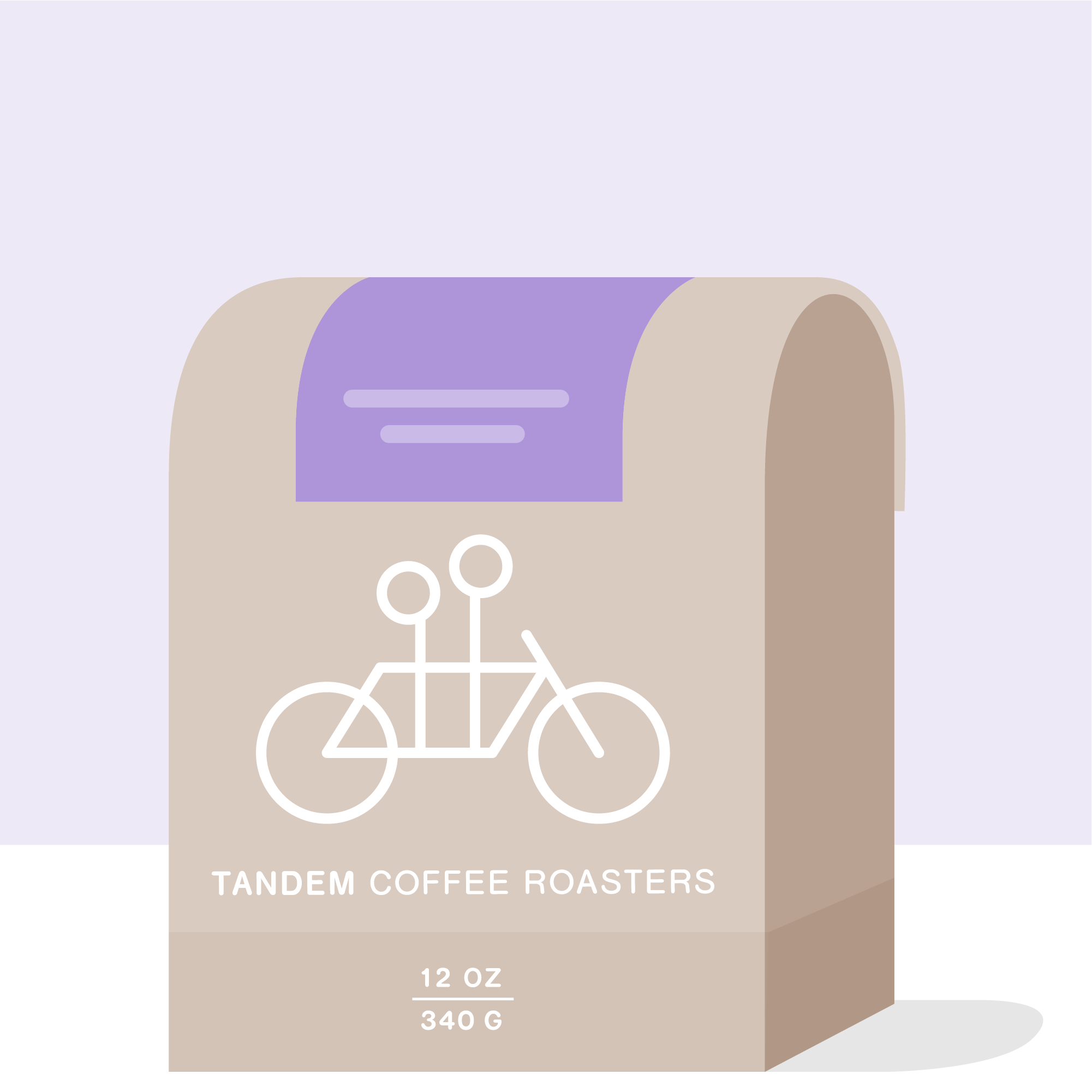 Illustration of a beige coffee bag from Tandem Coffee Roasters against a purple and white background. The 12 oz (340 g) bag showcases a minimalist tandem bicycle logo and highlights the sweetness of Danche White Honey - Ethiopia coffee.