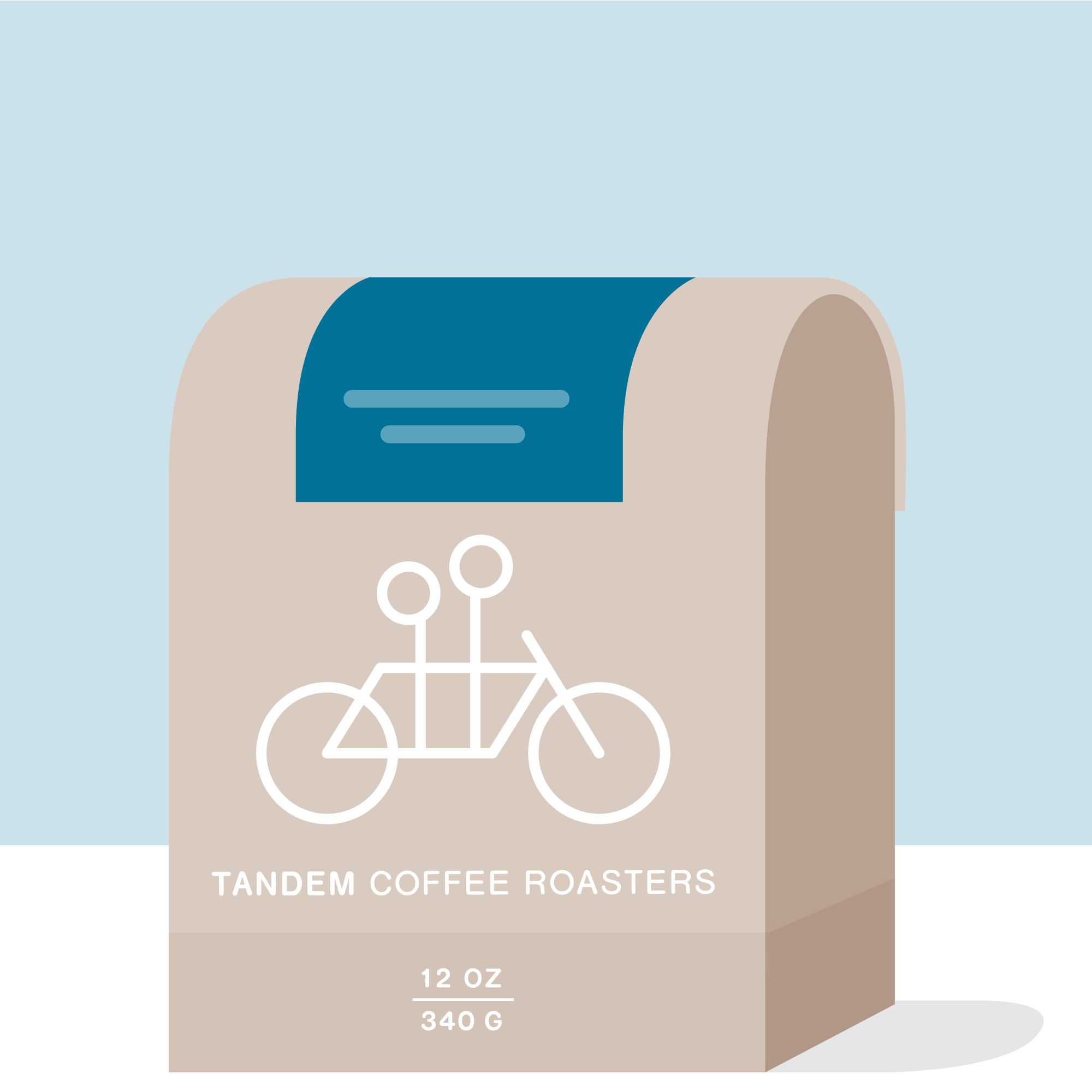 Illustration of a beige coffee bag of Tandem Coffee Roasters' Daniel Moreno - Honduras against a teal background, showcasing a white tandem bicycle drawing and text "12 oz, 340 g," hinting at its sweet honey cocoa notes.