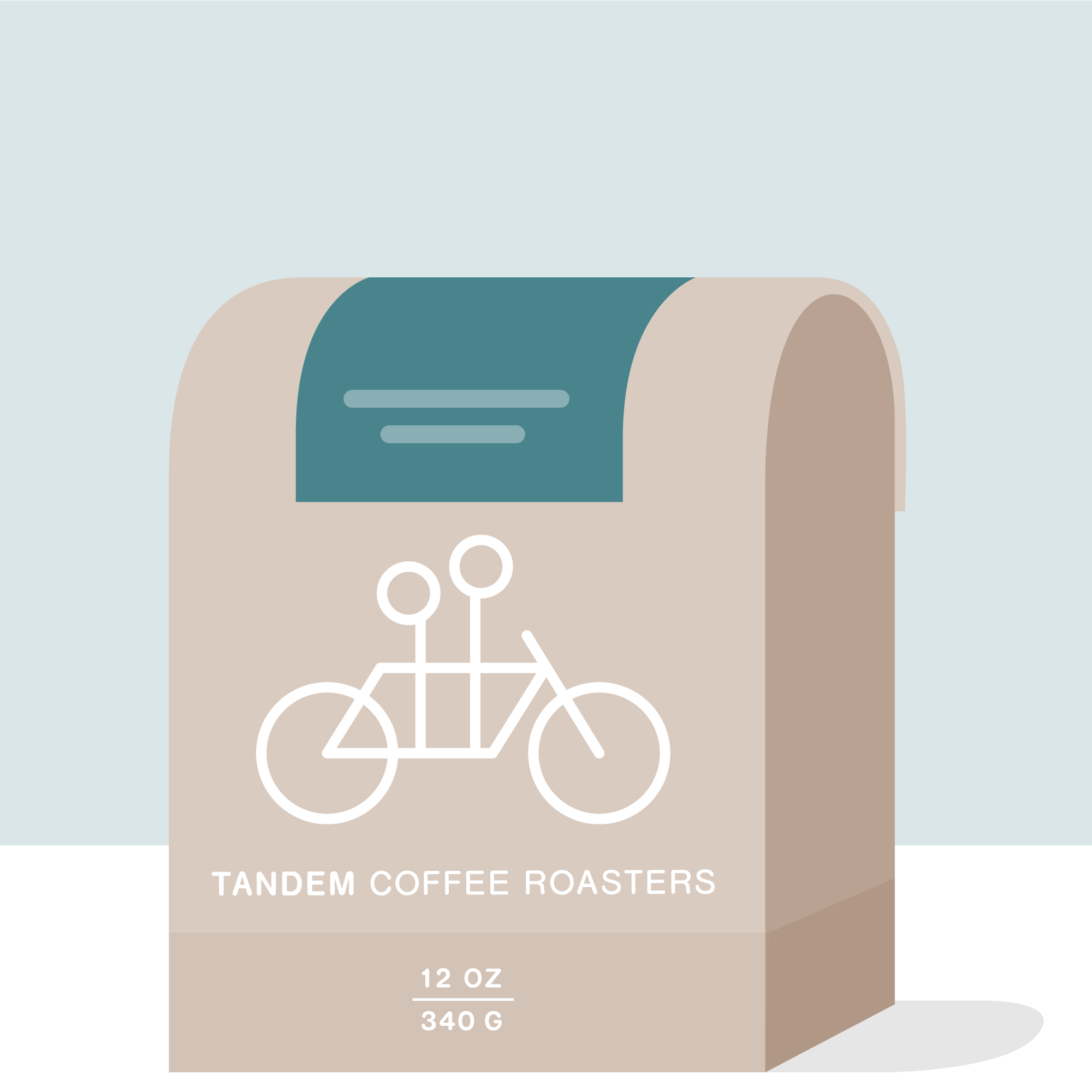 Illustration of a beige coffee bag from Tandem Coffee Roasters featuring a simple bicycle logo. The bag, labeled as containing 12 oz (340 g) of David Muñoz - Honduras coffee, stands out against a solid teal background, with a white shadow beneath it.