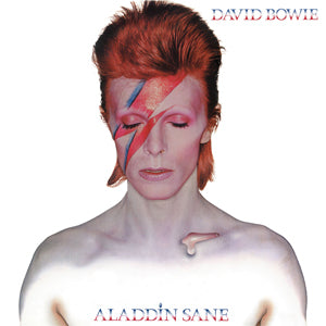 A topless person with bright orange hair and a prominent lightning bolt makeup design covering one eye. The background is white with "David Bowie - Aladdin Sane" written in red font in the top right corner and "Tandem Coffee Roasters" along the bottom.