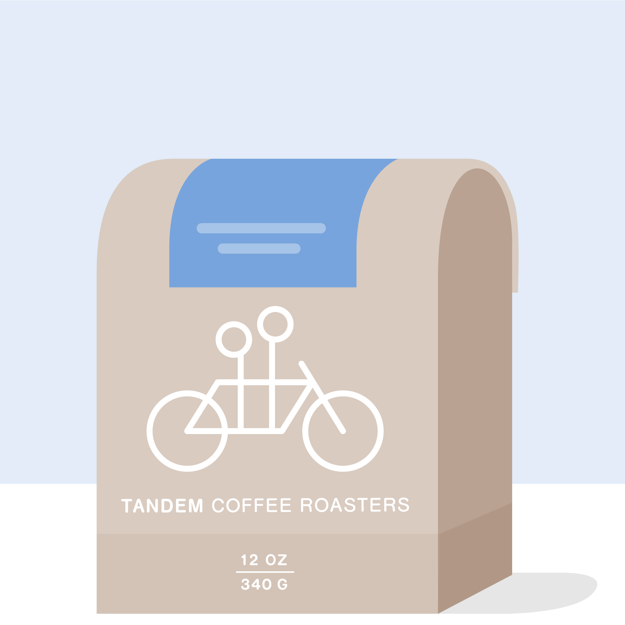 Illustration of a beige Tandem Coffee Roasters bag, showcasing a stylized tandem bicycle on the front. The El Campo - Honduras coffee bag reads "12 oz, 340 g" and is set against a plain blue background, celebrating its origin from the Santa Barbara region.