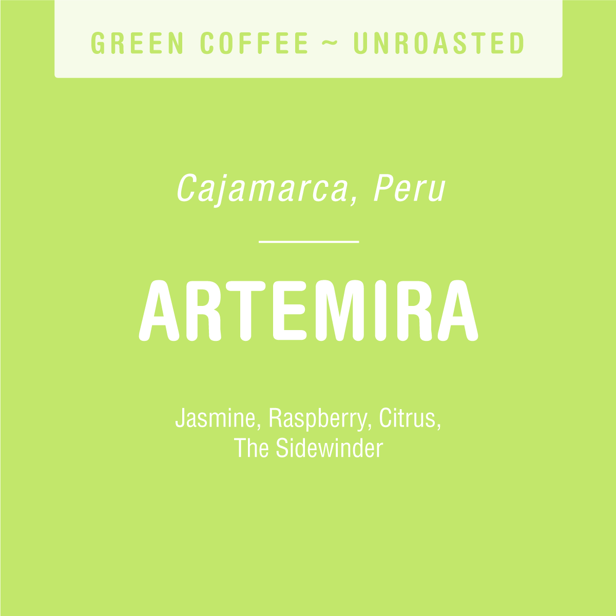 A light green background highlights text about Tandem Coffee Roasters' unroasted Artemira Gesha from Cajamarca, Peru. Flavors include jasmine, raspberry, citrus, and celebrate ties to Finca Artemira and Peru's Cup of Excellence.