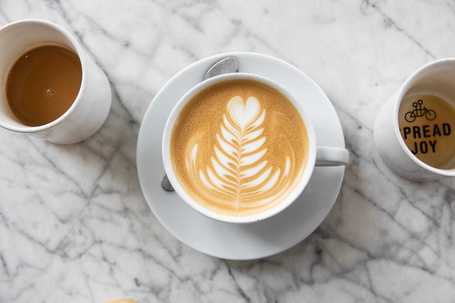 A beautifully crafted latte with intricate leaf latte art in a white cup sits on a matching saucer on a marble surface. Two other cups, one filled with tandem coffee from Portland, Maine, and another with a partial text "SPREAD JOY" and a bicycle graphic, are placed near it.