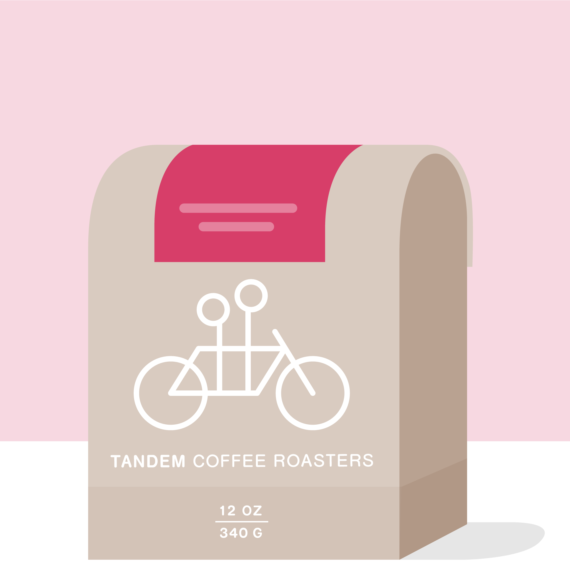 The beige coffee bag labeled "Tandem Coffee Roasters" showcases a straightforward tandem bicycle design. It features the Huver Castillo - Colombia from devoted coffee farmers and is set against a pink backdrop, with details indicating a package size of 12 oz (340 g).