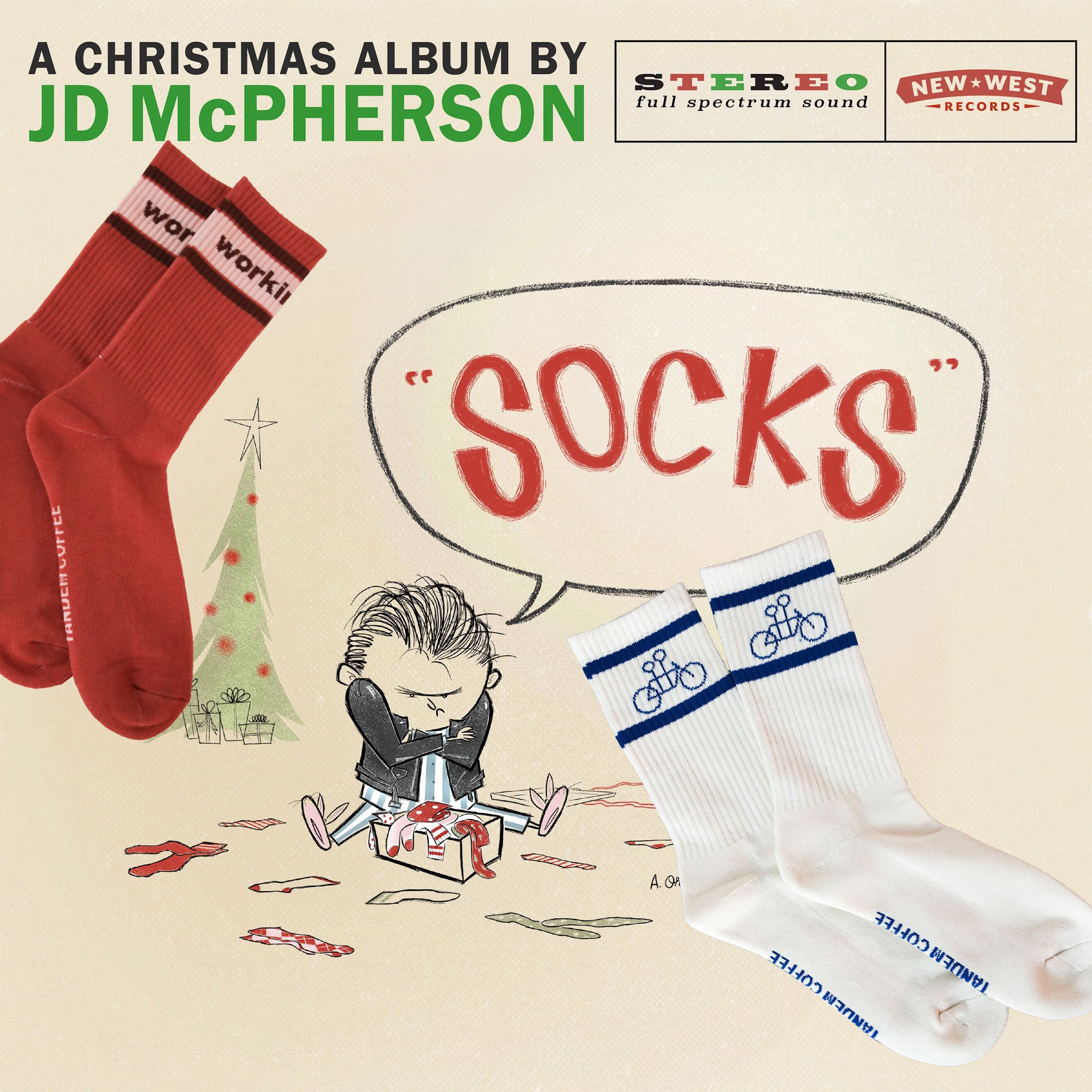 Featuring the illustrated cover of "JD McPherson's Socks + The Tandem Socks," a Christmas album brought to you by Tandem Coffee Roasters. It showcases a cartoon figure who appears disappointed with a gift of socks. The design includes red socks labeled "Naughty" and white ones adorned with cycles, along with vintage-style audio and label graphics—a perfect visual tribute to the whimsical tracklist within.