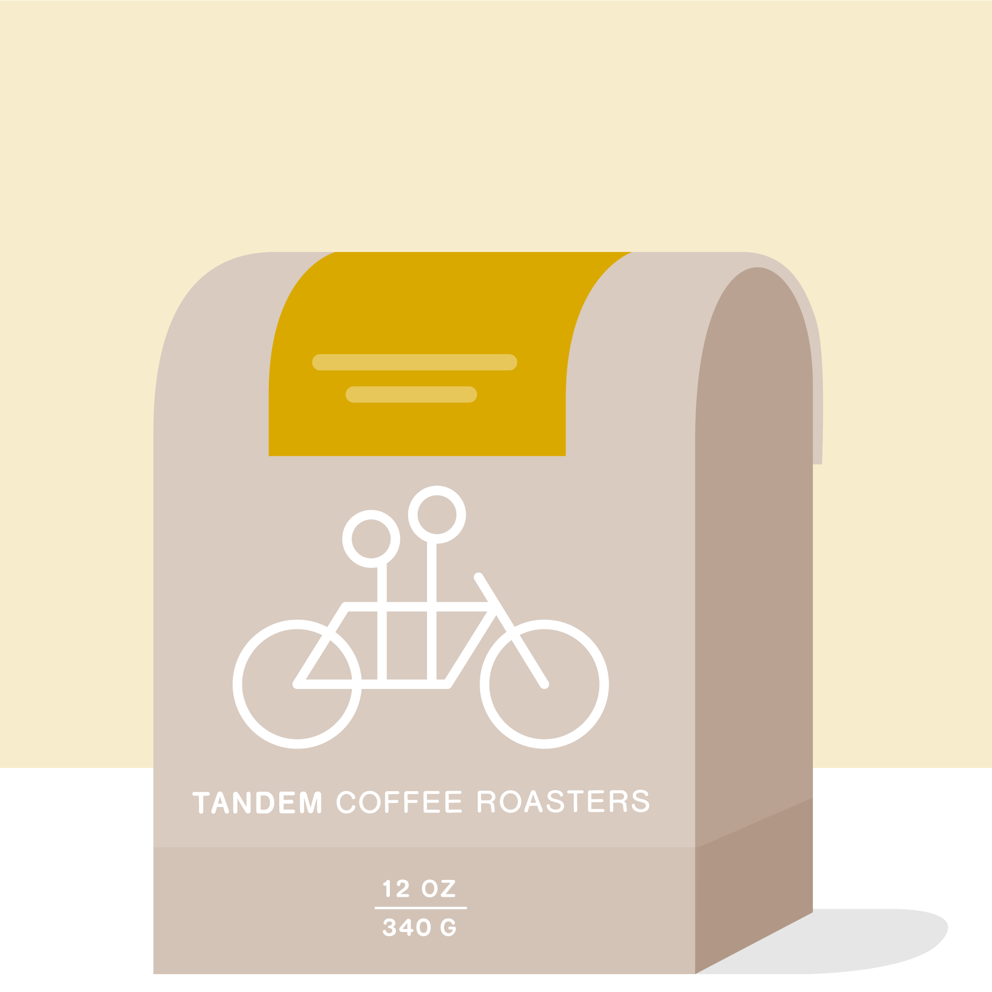 Illustration of a beige coffee bag labeled "Tandem Coffee Roasters" with a white tandem bicycle icon. The bag features the José Romão - Brazil blend and states the weight as "12 oz" and "340 g" in white text against a mustard yellow and black background, highlighting their premium offering.