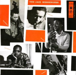 A collage of five black-and-white photos of jazz musicians with their instruments, featuring the title "Art Blakey - The Jazz Messengers" at the top center in an orange block. This design, reminiscent of the vibrant spirits behind "Nica's Dream," also includes smaller orange blocks containing their names: Bobbie Timmons, Jymie Merritt, Art Blakey, Lee Morgan, Benny Golson. Brought to you by Tandem Coffee Roasters.