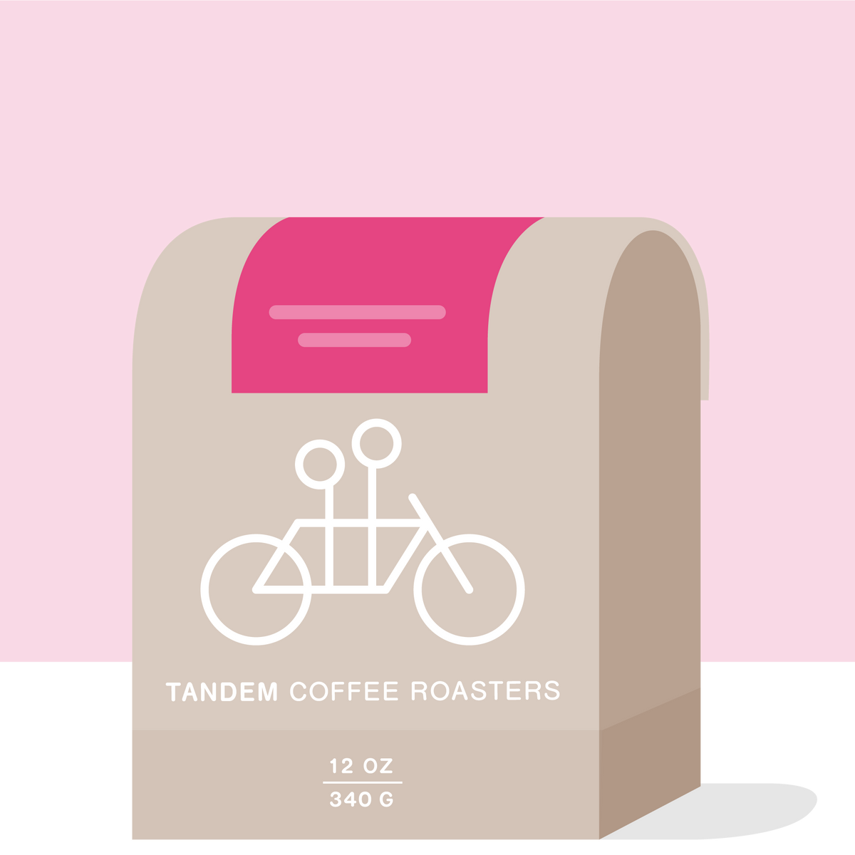 A tan coffee bag labeled "Tandem Coffee Roasters" featuring a drawing of a tandem bicycle on the front. The 12 oz (340 g) bag, filled with exceptional Kamwangi PB - Kenya from Kirinyaga Kenya, is set against a bright pink background.
