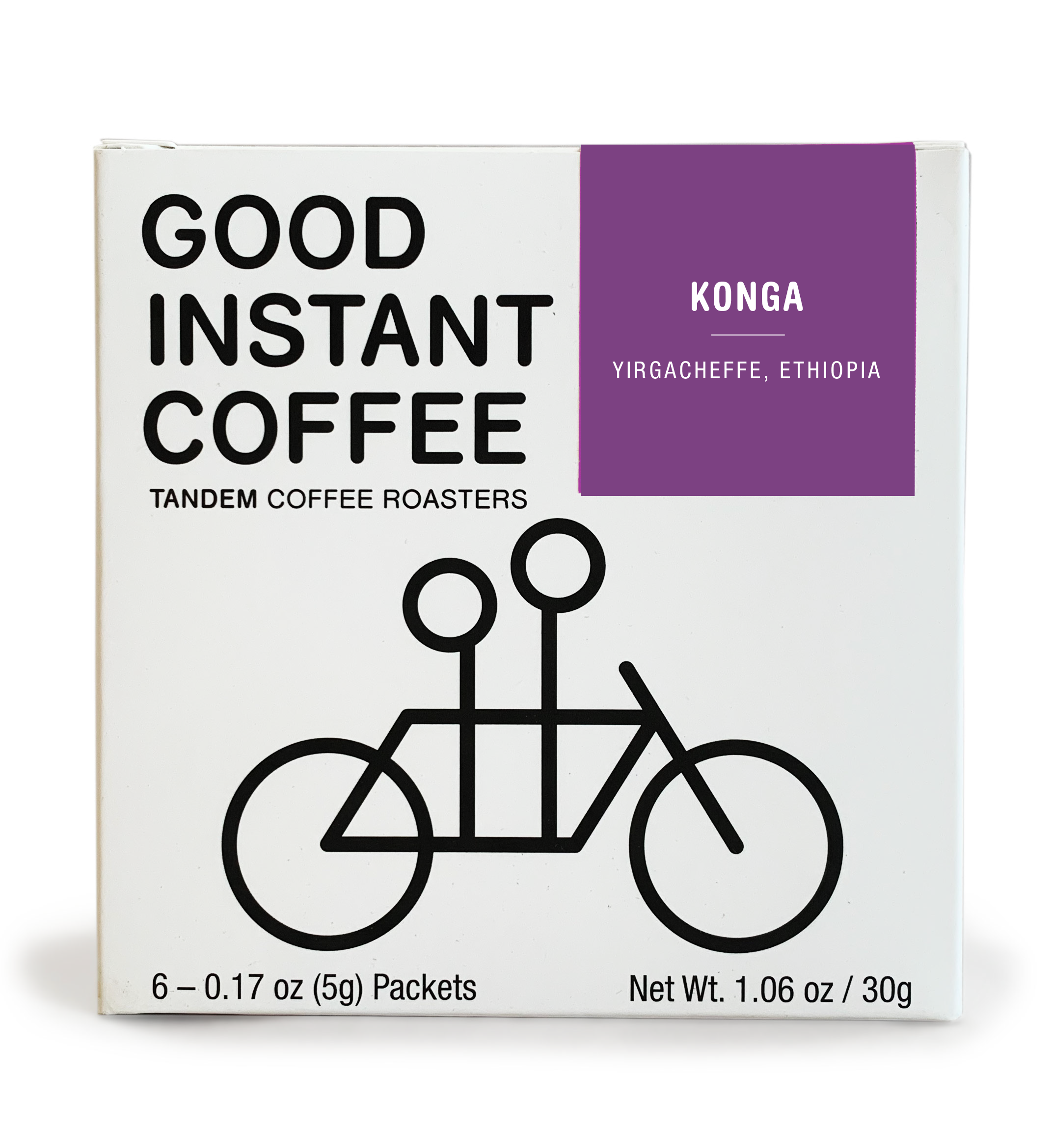 Sentence with replaced product: A square package of Ethiopia - Instant Coffee - 6 Pack labeled "konga yirgacheffe, ethiopia" by Tandem Coffee Roasters, perfect for camping, featuring a simple, graphic illustration of a tandem