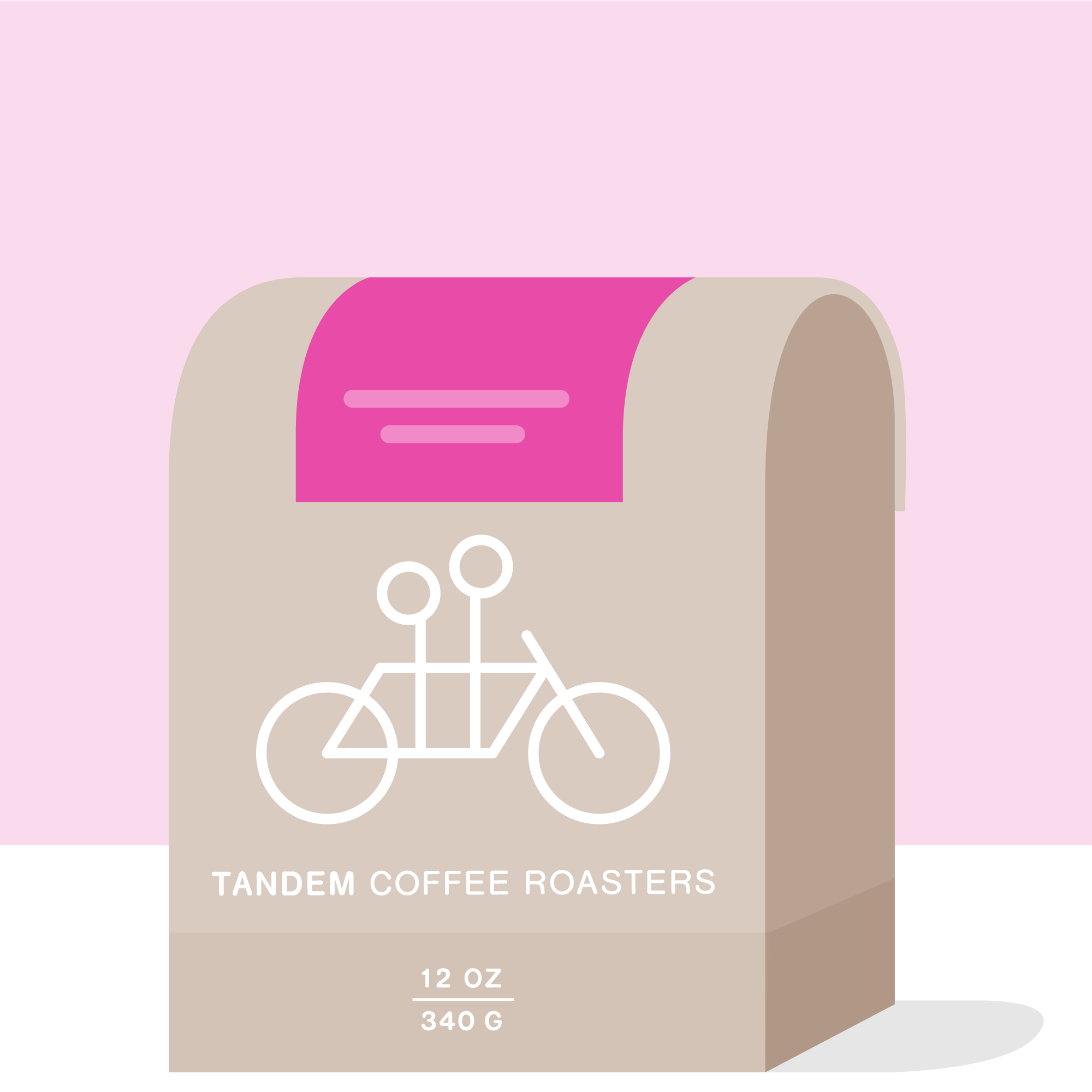 Illustration of a beige coffee bag displaying a tandem bicycle graphic and the text "La Bohemia - Colombia, Tandem Coffee Roasters, 12 oz, 340 g," set against a pink background. This blend suggests notes of tropical fruits, ideal for anyone in search of an exotic coffee experience.