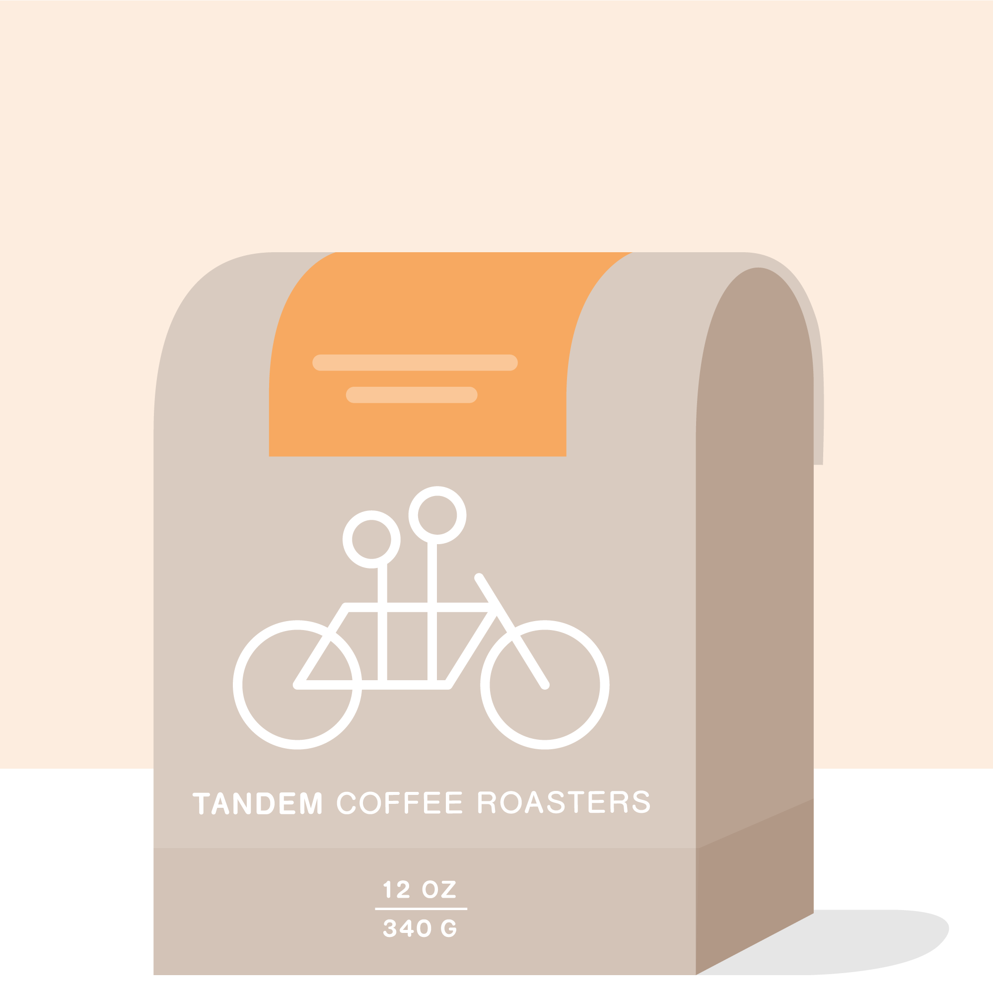 Illustrated image of a beige coffee bag labeled "Tandem Coffee Roasters," featuring a simple white graphic of a tandem bicycle. The 12 oz (340 g) specialty coffee, named Las Palomas - Guatemala, uses sustainable practices. Set against a warm orange background, this blend is known for its dedication to quality and sustainability.