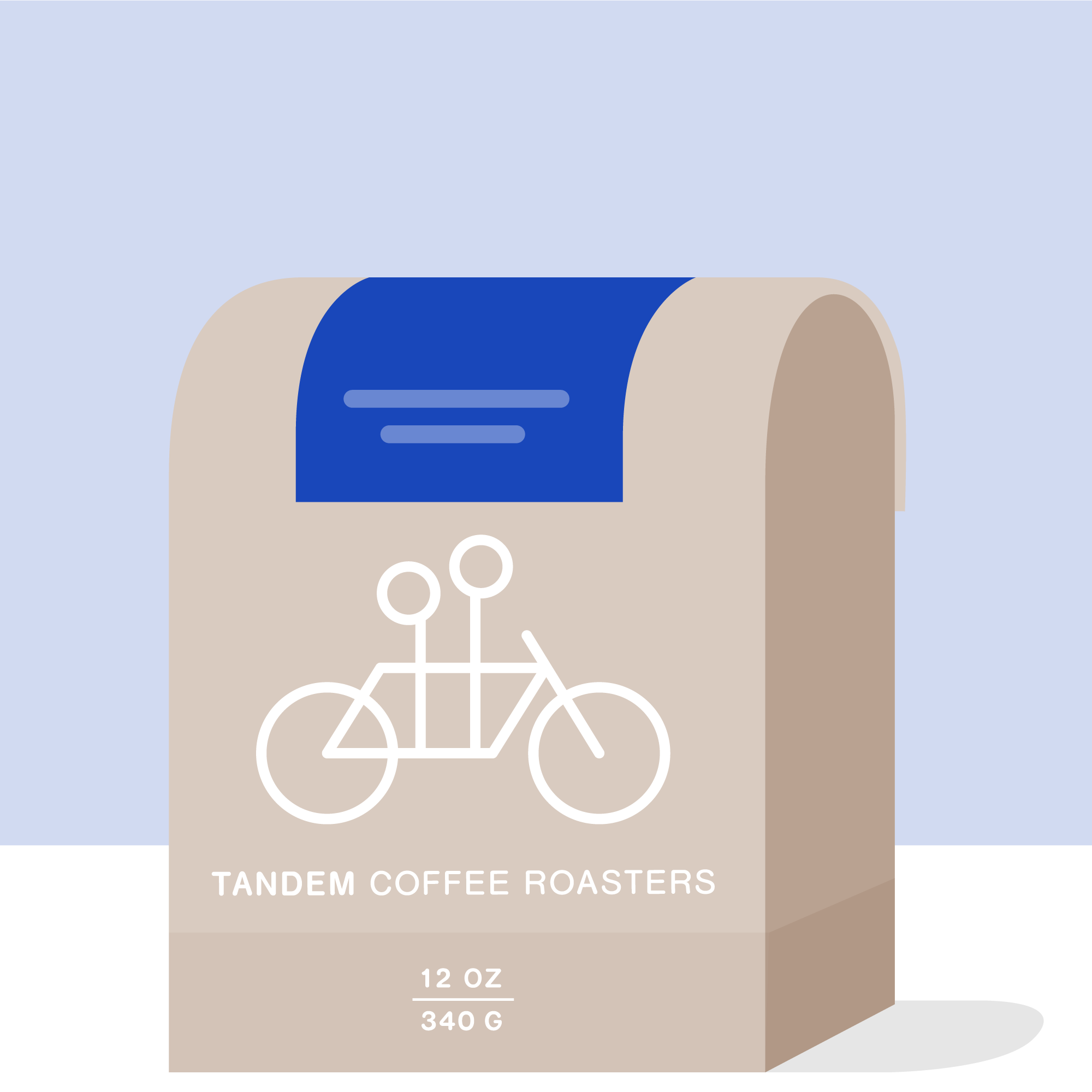 A Tandem Coffee Roasters paper bag displays a simple tandem bicycle drawing on white, stating it holds 12 oz (340 g) of Luis Felix Caicedo - Colombia coffee. A blue and black backdrop signifies its sun-kissed path from Buenos Aires using solar driers.