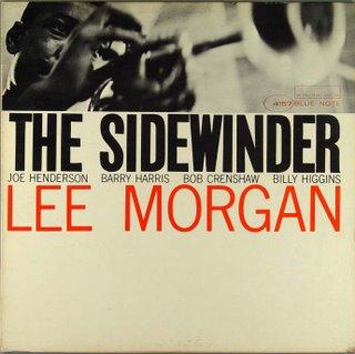 Album cover for "Lee Morgan - The Sidewinder" by Tandem Coffee Roasters. The design features a black-and-white photograph of a trumpet player in the top half, with the title and artist's name in bold letters below. Other musicians' names listed are Joe Henderson, Barry Harris, Bob Crenshaw, and Billy Higgins.