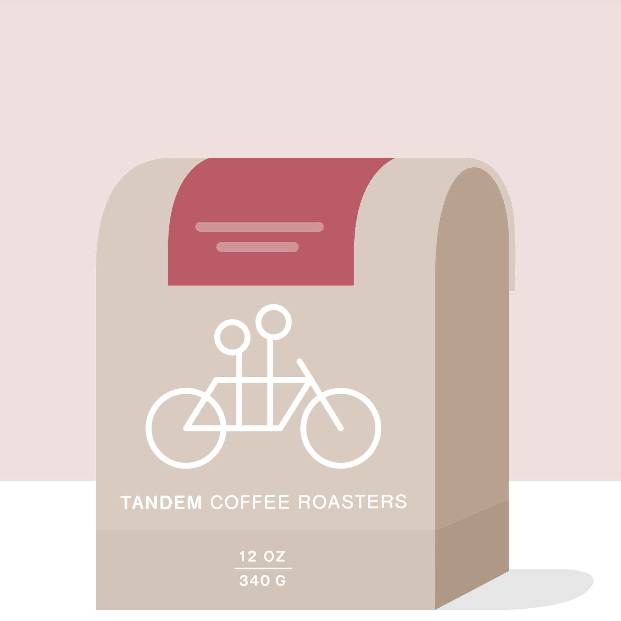 A minimalist illustration of a coffee bag labeled "Tandem Coffee Roasters" featuring a tandem bicycle logo. The beige bag is set against a pink and black background, showcasing the Manuel Marlo - Peru coffee which is celebrated for its tropical finish and green apple notes. The weight is specified as 12 oz (340 g) at the bottom of the bag.