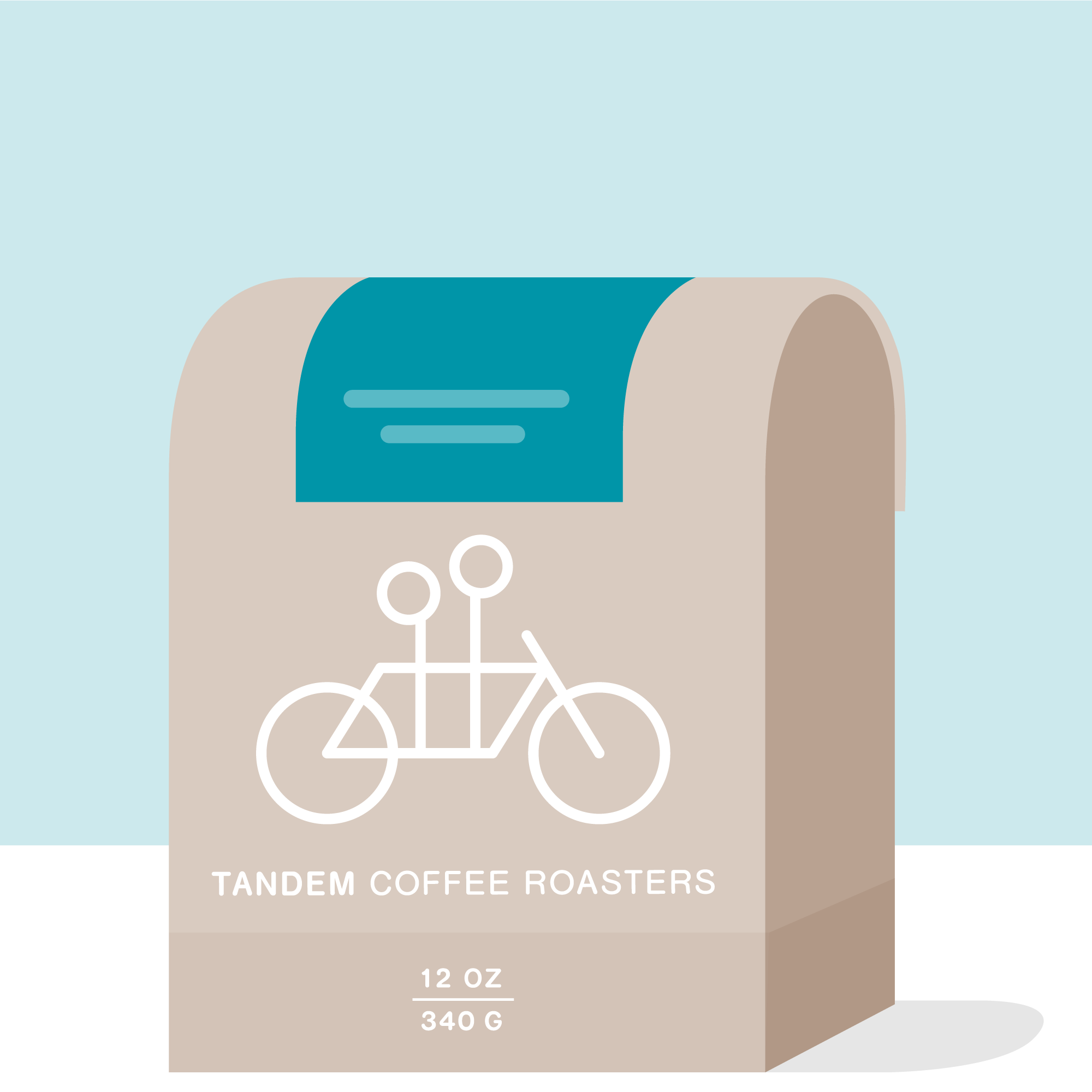 Illustration of a beige coffee bag labeled "Tandem Coffee Roasters" featuring a minimalist tandem bicycle design. The bag, evoking the rich flavors of Mauricio Jimenez - Costa Rica coffee, is set against a blue background and includes the text "12 oz" and "340 g.