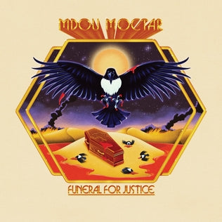 The illustrated album cover, evocative of Aladdin Sane, features a vulture spreading its wings over a desert landscape. Beneath the vulture lies a coffin flanked by six smaller vultures. The setting sun bathes the scene in an orange glow. The text reads "Mdou Moctar - Funeral For Justice," produced by Tandem Coffee Roasters.