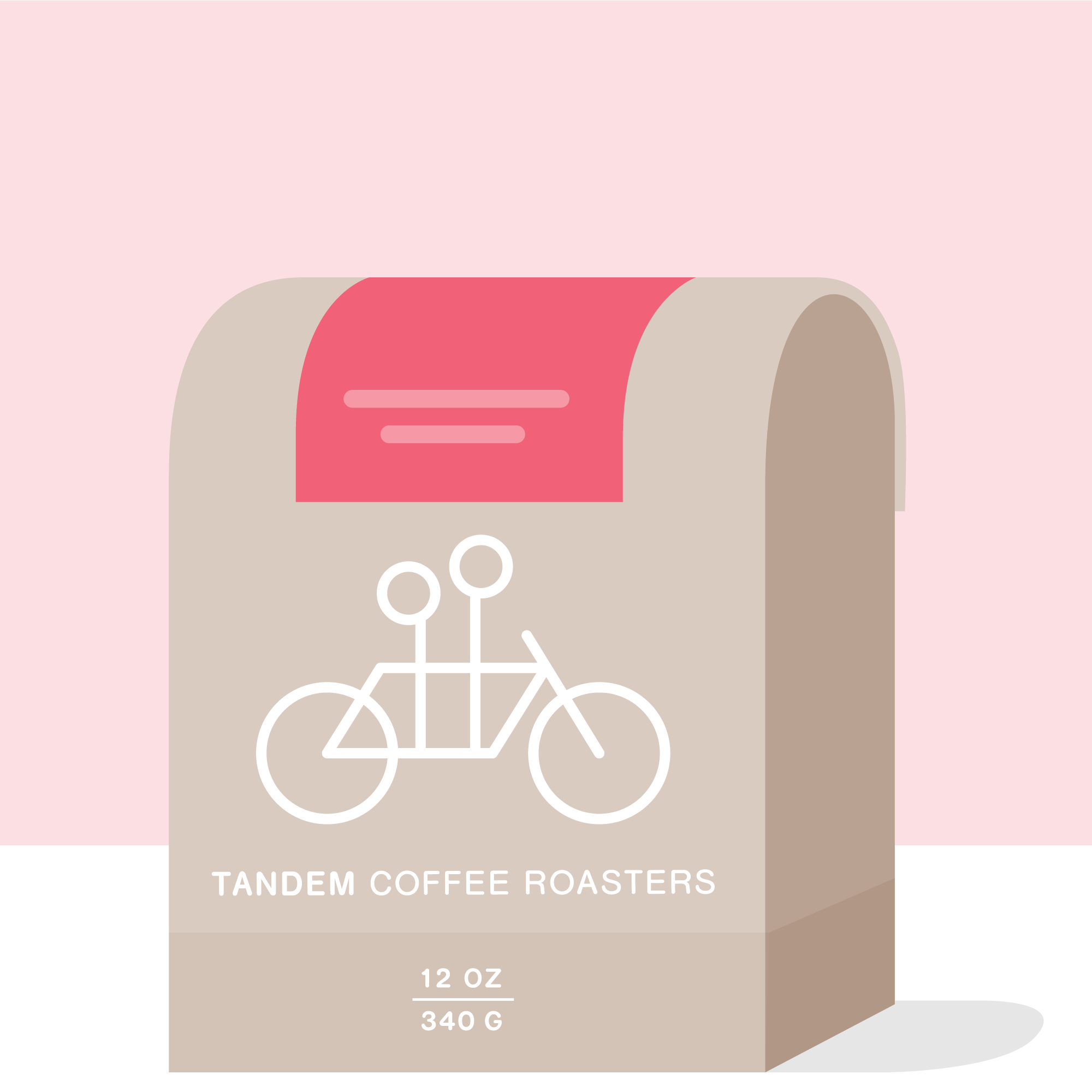 Illustration of a light brown coffee bag labeled "Tandem Coffee Roasters" with a white drawing of a tandem bicycle. The bag contains 12 oz (340 g) of Nelson Flores - El Salvador washed coffee from La Mercedes. The background is split into pink on the top half and black at the bottom.