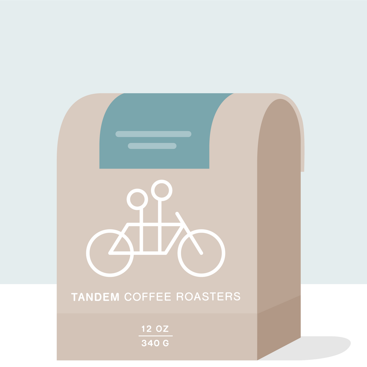 A beige coffee bag with a minimalist design labeled "Olvin Moreno - Honduras." The bag features an illustration of a tandem bicycle and text indicating the coffee weight as 12 oz or 340 g. Highlighting unique coffees from expert coffee farmers under the brand name Tandem Coffee Roasters, the solid teal background creates a simple yet stylish look.