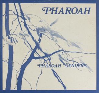 Album cover for "Pharoah Sanders - Pharoah" by Tandem Coffee Roasters. The design features blue silhouettes of tree branches set against a light background, evoking the solemn beauty akin to a Funeral for Justice. The artist's name, "Pharoah Sanders," and album title, "Pharoah," appear in blue text in the top right and bottom center, respectively.