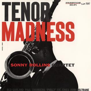 The album cover of the product "Sonny Rollins Quartet - Tenor Madness" from Tandem Coffee Roasters features a silhouette of a person playing a saxophone against a white background. The title "TENOR MADNESS" is prominently displayed in large, bold letters, with 'MADNESS' highlighted in striking red. Below, it reads "Sonny Rollins Quartet" along with the names of the quartet members, reminiscent of classics like "When Your Lover Has Gone.