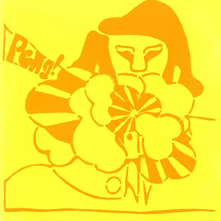 A bright yellow, abstract artwork titled "Stereolab - Peng!" by Edith Johnson, featuring a stylized figure with an enigmatic expression. The figure is surrounded by cloud-like shapes and rays, with scattered text elements including “Peng!” and “ON” in different orientations. It's as if love will find a way through the chaos—a striking piece associated with Tandem Coffee Roasters.