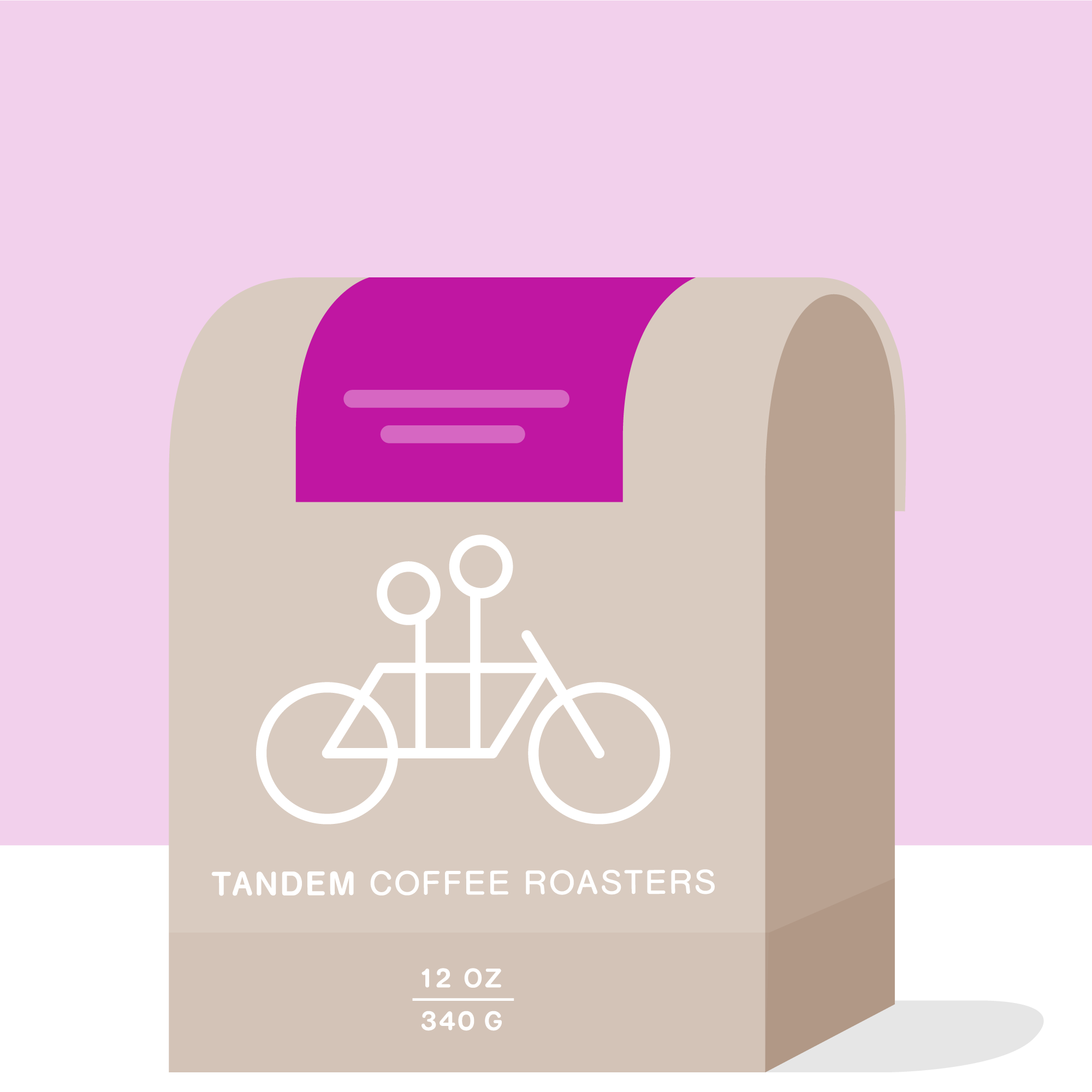 A brown bag labeled "Tandem Coffee Roasters" holds 12 oz (340 g) of their "Telila - Ethiopia" coffee, sourced from the distinguished Telila washing station. The design showcases a simple white outline of a tandem bicycle set against a vibrant magenta background.