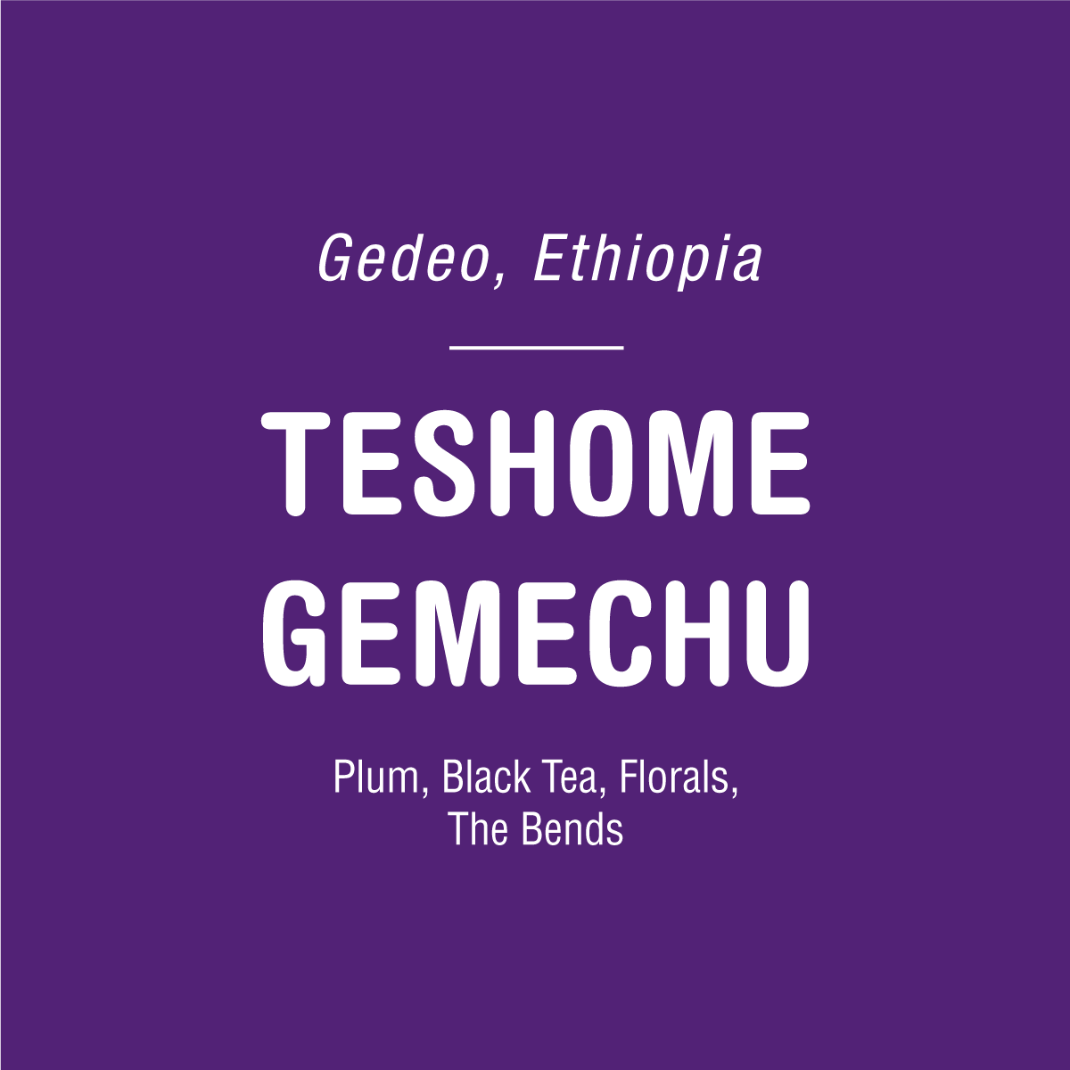 With a purple background and white text, the display reads: "Teshome Gemechu - Ethiopia" on top, followed by "Tandem Coffee Roasters" in larger font. Below are the flavor notes: "Plum, Black Tea, Florals, The Bends," highlighting the renowned Gedeb washing station's coffee expertise.