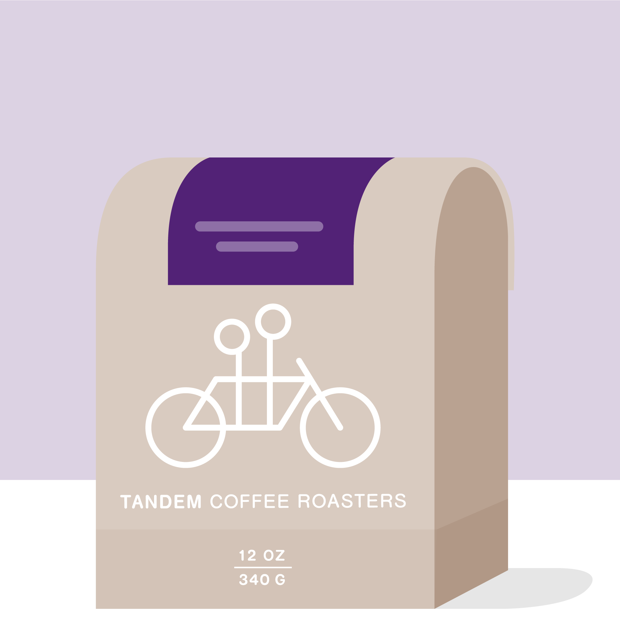 A beige coffee bag displaying a bicycle illustration and the brand "Tandem Coffee Roasters" is set against a purple and black backdrop. Labeled with "12 oz 340 g" at the bottom, this Teshome Gemechu - Ethiopia brew offers the refined taste from Gedeb's renowned washing station.