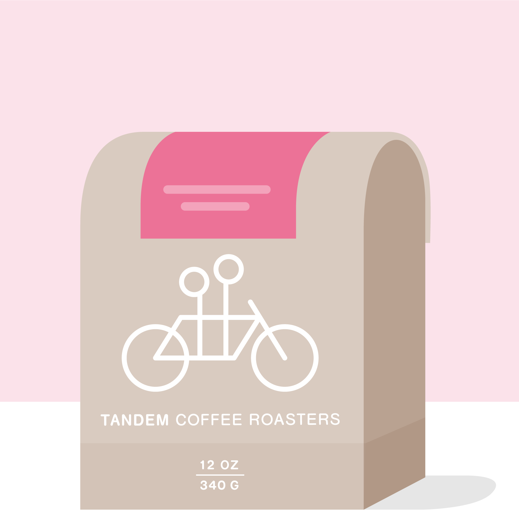 Illustration of a beige coffee bag displaying a white bicycle graphic and the text "Tandem Coffee Roasters, Kianjuki - Kenya, 12 oz, 340 g." Set against a pink background, this bag highlights the rich flavors of Kenyan coffee sourced from Kirurumwe Farmers’ Cooperative Society.