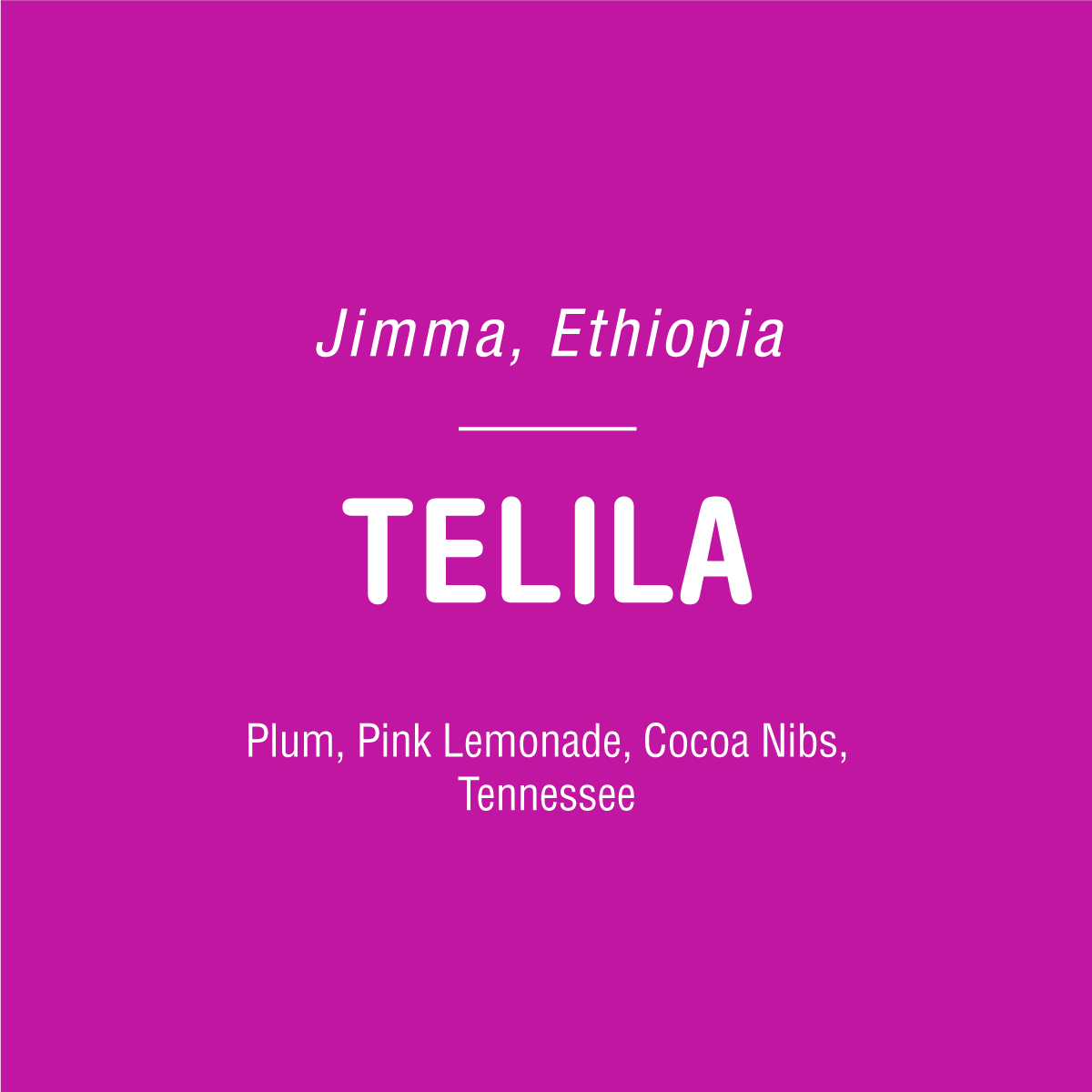 A pink square design features the text "Jimma, Ethiopia" at the top, with a line below. In the center is "TELILA" to highlight the Telila washing station. The flavors "Plum, Pink Lemonade, Cocoa Nibs, Tennessee" are displayed underneath. This product is by Tandem Coffee Roasters and named Telila - Ethiopia.