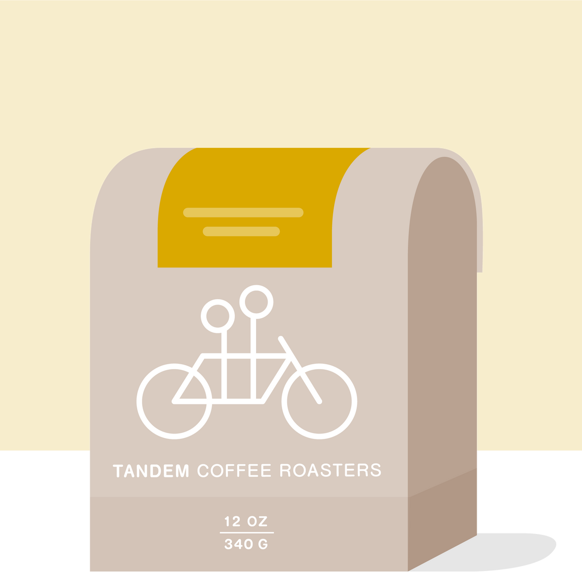A minimalist illustration of a brown coffee bag with a white logo depicting a tandem bicycle. The text on the bag reads "Willer Arantes - Brazil" and "Tandem Coffee Roasters" and "12 oz 340 g." Celebrating specialty-grade coffee from Brazil, the background is two-toned, with a mustard yellow upper half and black lower half.