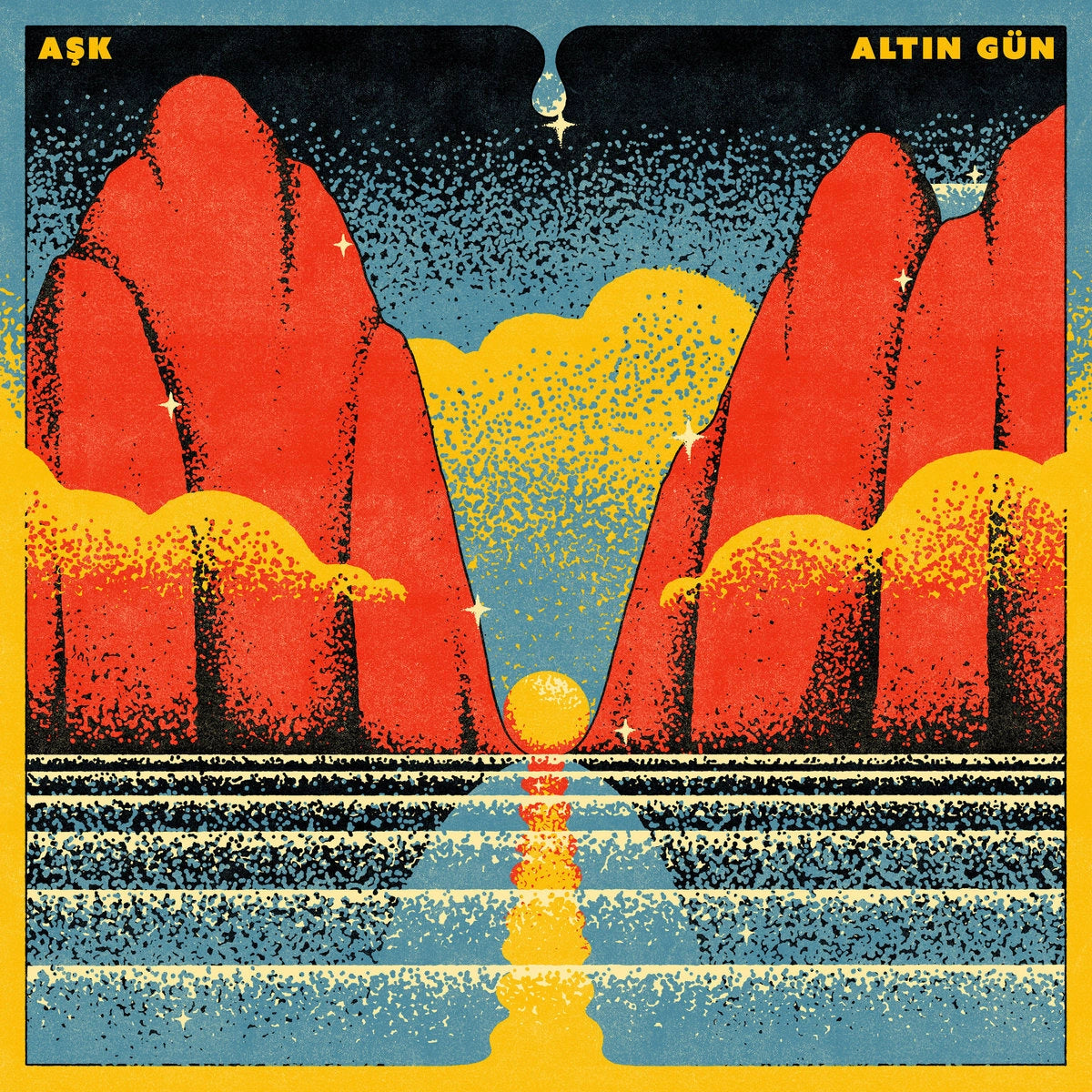 Cover art featuring an abstract landscape with orange-red mountains on either side, a yellow sun setting over a body of water in the center, and the sky gradienting from yellow to dark blue. Yellow clouds and dots create a starry effect. Text reads “Aşk” and “Altin Gün.” Inspired by “Leylim Ley.” Product by Tandem Coffee Roasters titled "Altin Gün - Ask.