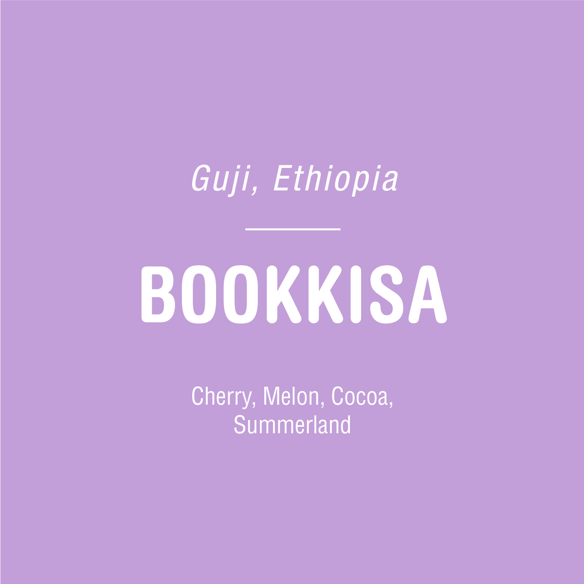 A purple background with white text reads "Guji, Ethiopia" at the top, highlighting Tandem Coffee Roasters' "Bookkisa - Washed Ethiopia" in the center. At the bottom, enjoy notes of cherry, melon, cocoa, and Summerland from Ture Waji's natural coffee.