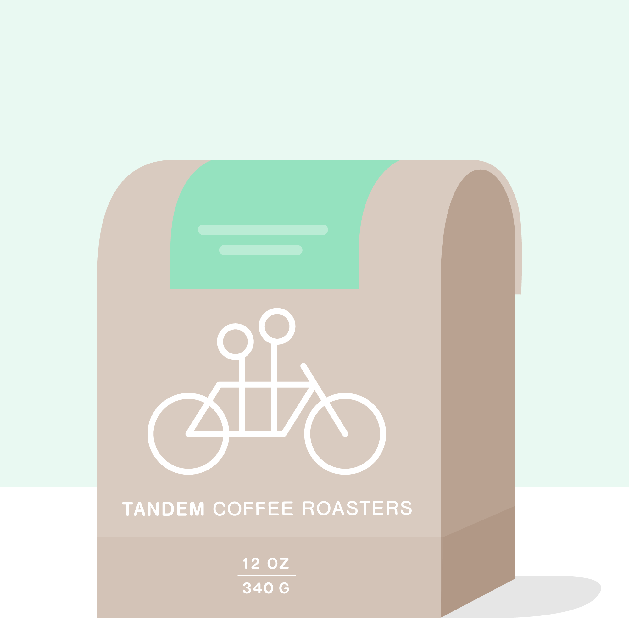 Illustration of a beige 12 OZ/340 G coffee bag labeled "Tandem Coffee Roasters" featuring a tandem bike logo. The "Fausto Romo - Ecuador" name suggests the exotic Sidra variety from La Carolina, set against a mint green background.