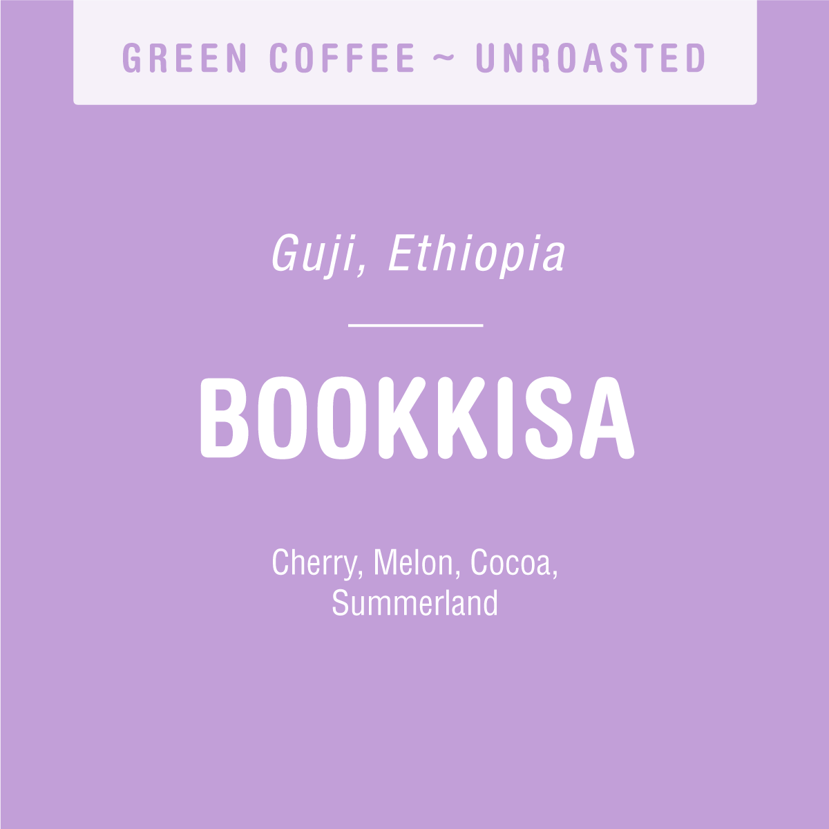 The vibrant purple label with white text promotes Tandem Coffee Roasters' "Bookkisa Washed (GREEN)" offering from Guji, Ethiopia. It promises tantalizing flavor notes of cherry, melon, cocoa, and summerland in this natural coffee masterpiece.