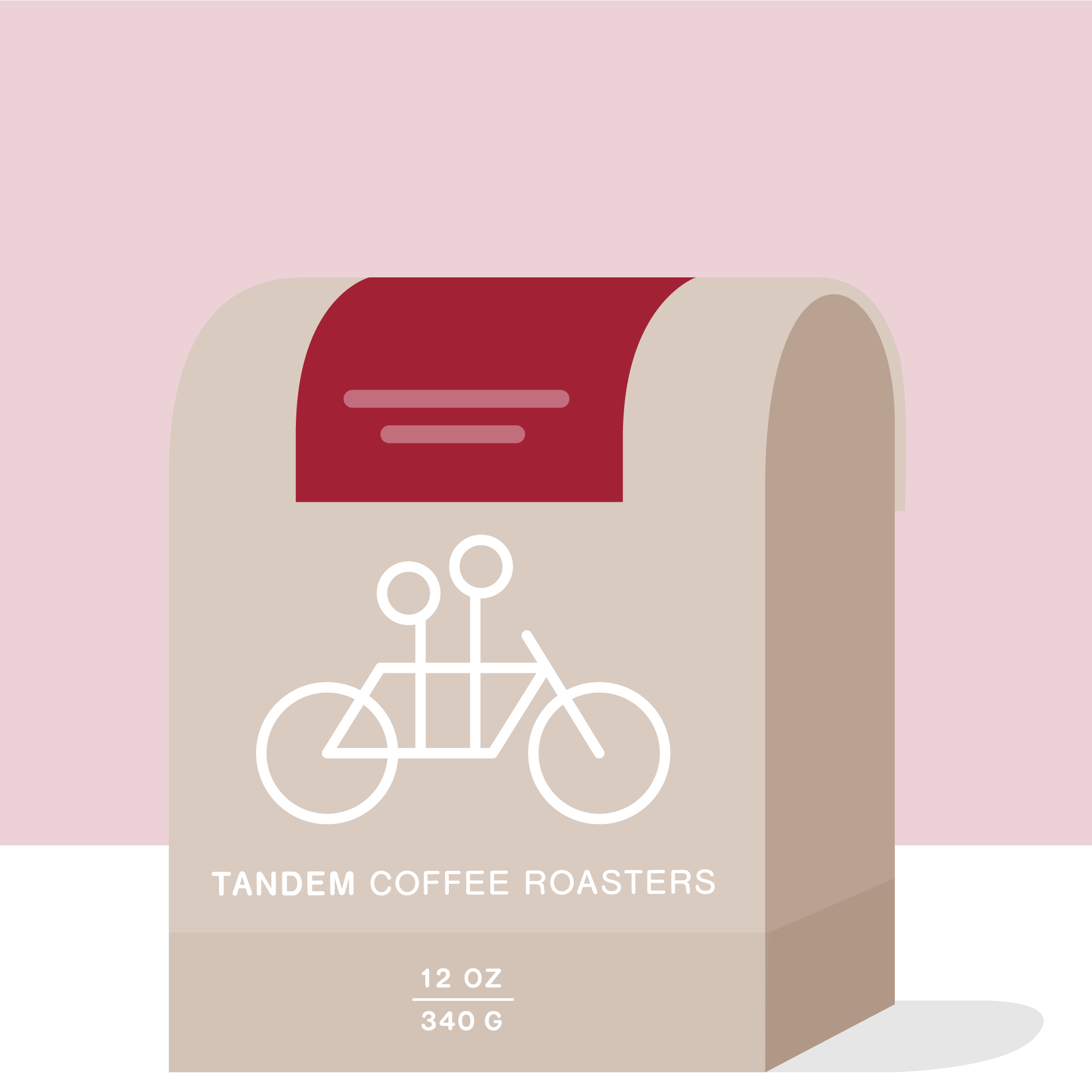 A beige coffee bag illustrates a white tandem bicycle, labeled "Tandem Coffee Roasters, Shyira - Rwanda, 12 oz, 340 g," set against a red background. This Rwandan coffee showcases rich flavors from the Shyira washing station with notes of dark fruits.