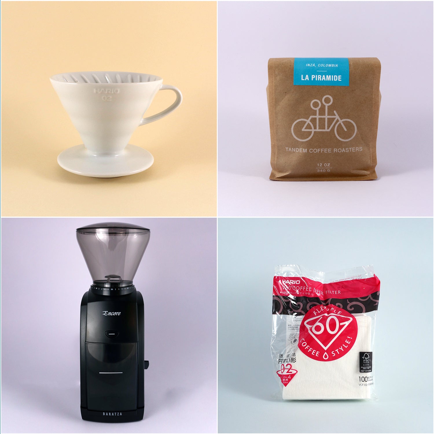 A collage of four images: a white ceramic Tandem Coffee Roasters V60 Starter Kit coffee dripper, a bag of freshly roasted La Piramide coffee beans, a black coffee grinder, and a pack of coffee filters.