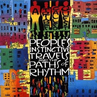 Album cover of "People's Instinctive Travels and the Paths of Rhythm" by Tandem Coffee Roasters. Features vibrant, colorful cityscape with silhouettes of people and bold text foreground