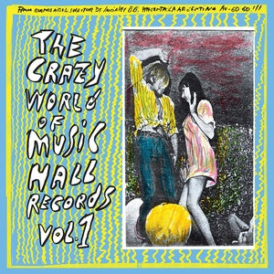 The vibrant album cover of "The Crazy World Of Music Hall Records Vol. 1 - Various Artists" by Tandem Coffee Roasters showcases a hand-drawn illustration of a man and a woman standing in a field alongside a large pumpkin. The album title is written in stylized, wavy text over a blue and yellow patterned background, celebrating classic '60s and '70s hits.