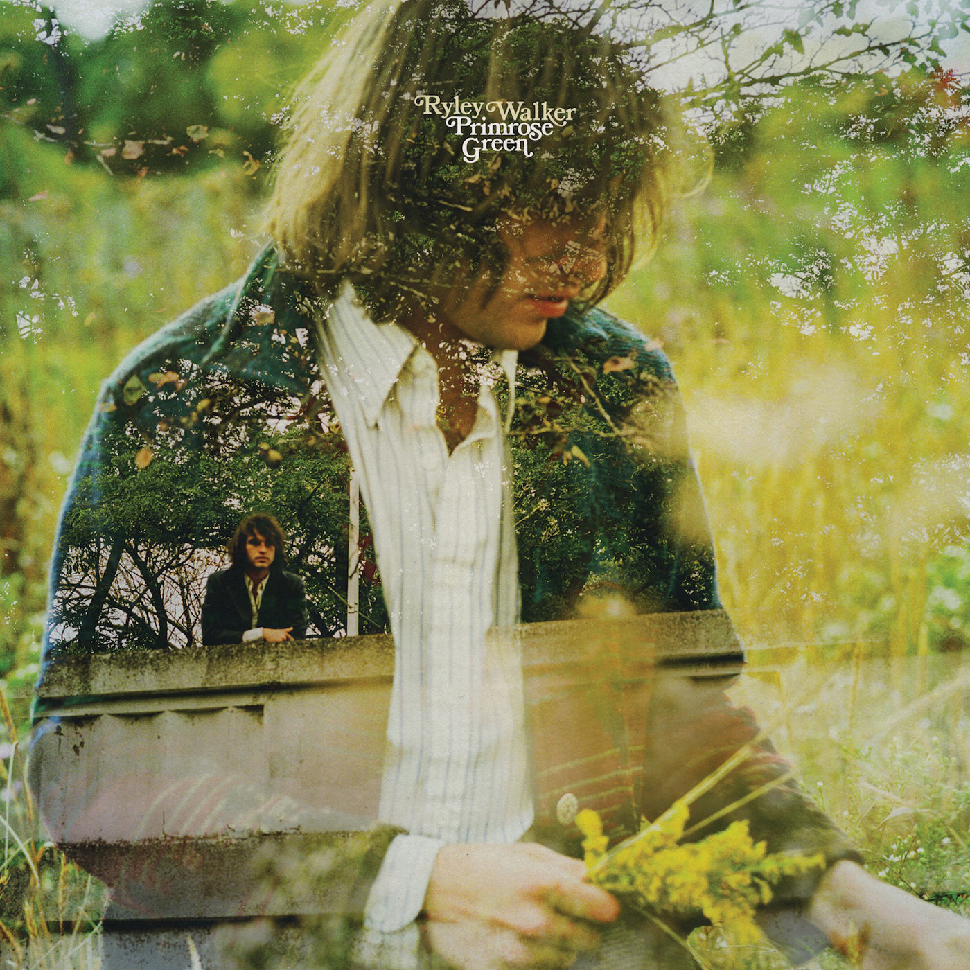 Album cover depicting Ryley Walker amidst a vivid, overgrown garden setting. Multiple overlays of his image create a dreamlike, introspective mood, blending with the lush Primrose Greenery from Tandem Coffee Roasters.